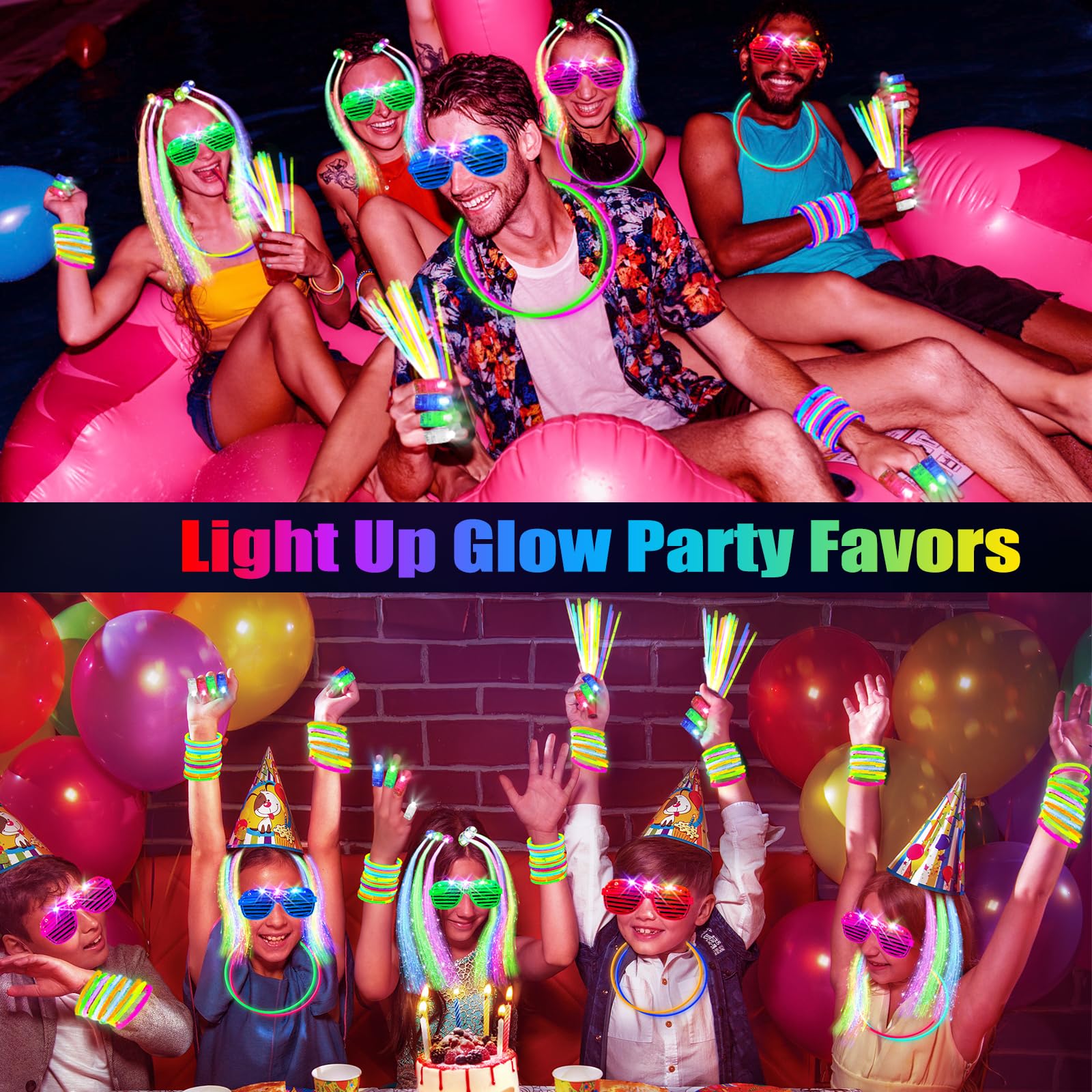 SHQDD 158 PCS Glow in the Dark Halloween Party Supplies, 14PCS LED Glasses, 30LED Finger Lights, 14LED Light Hairs and 100PCS Glow Sticks Bracelets, Neon Party Favors for Wedding,Concert, Birthday