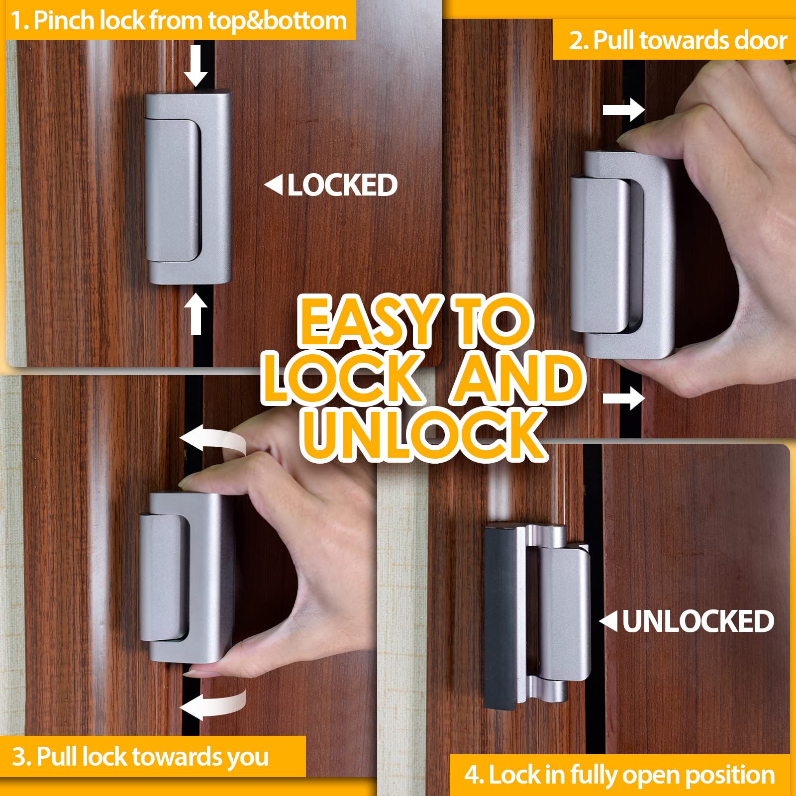 Home Security Door Lock, 2 Pack Childproof Door Reinforcement Lock with 3 Inch Stop Withstand 800 lbs for Top Front Inward Swinging Door, Upgrade Flip High Night Lock to Defend Your Home Kids