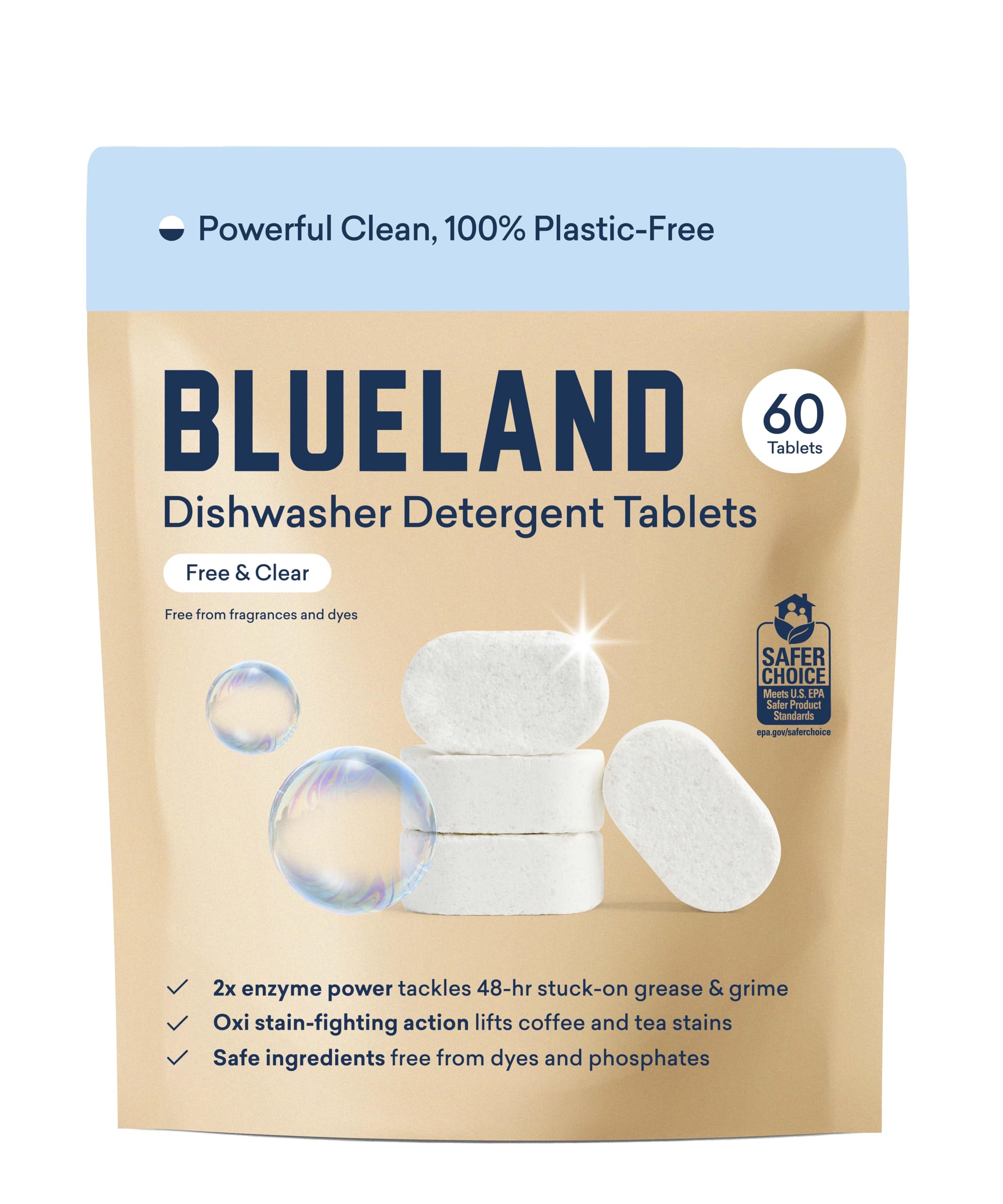BLUELAND 100% Plastic-Free Dishwasher Detergent Tablets, 60 Count, Free & Clear, Eco-Friendly Dishwashing Pods, Natural, Sustainable