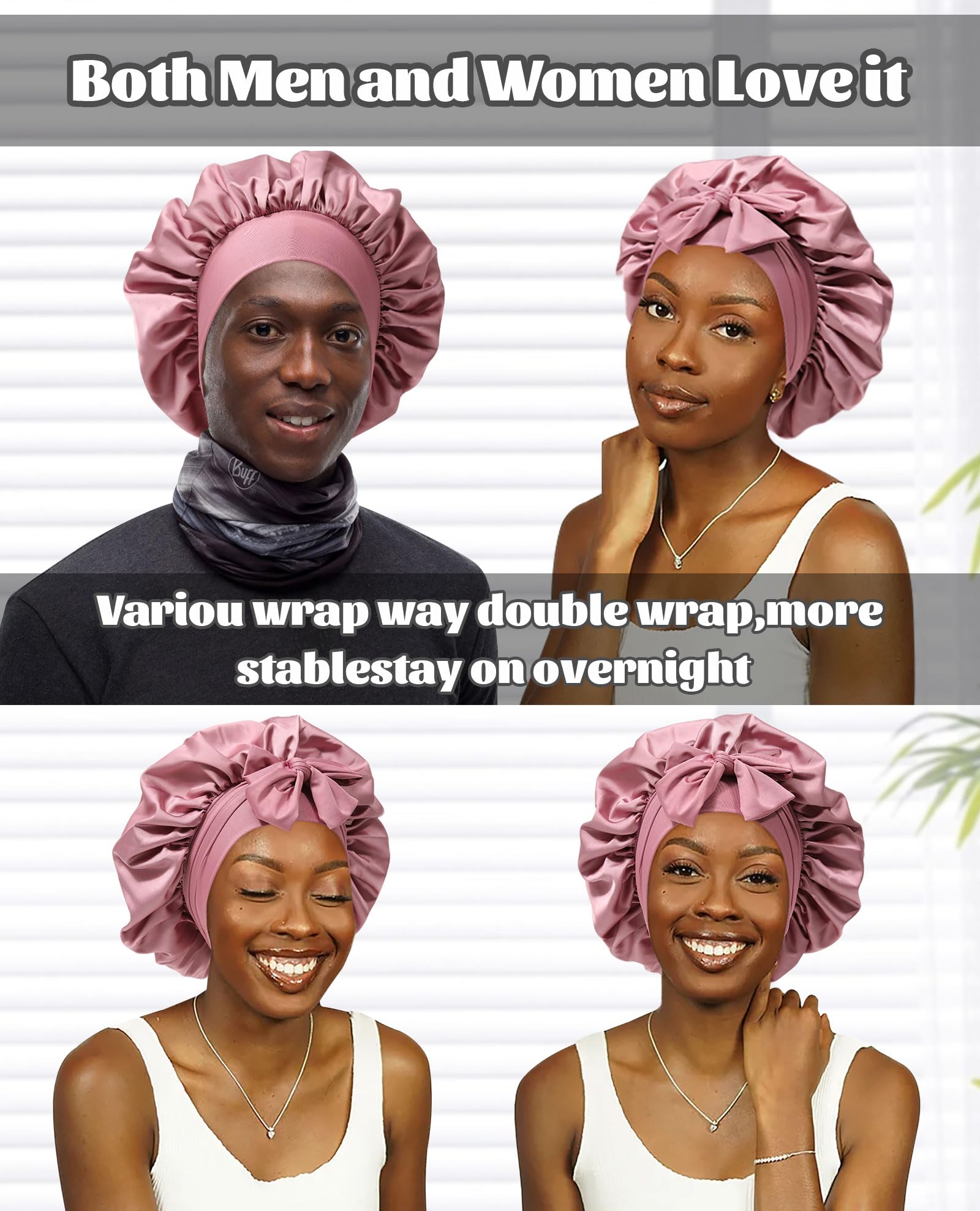 Satin Bonnet for Sleeping Cap Double Layer Hair Bonnet with Elastic Tie Band for Curly Hair Night Cap (Bean Paste + Pink)