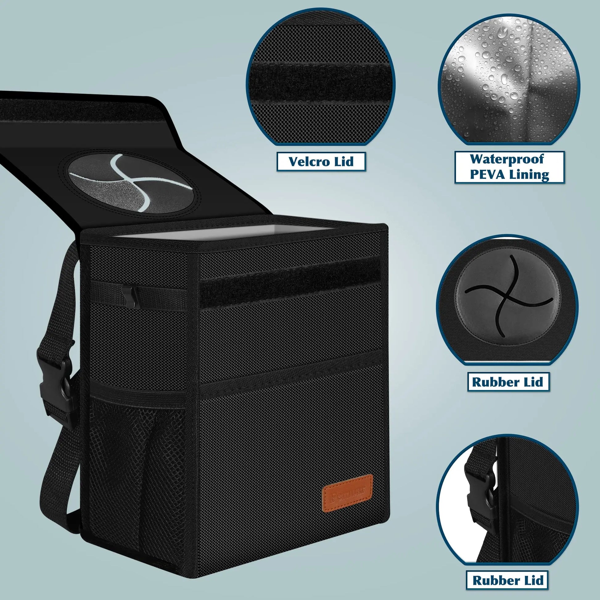 Femuar Leak Proof Car Trash Can with Lid - Waterproof Automotive Garbage Bin for SUVs, Collapsible and Portable Car Trash Bag, Black