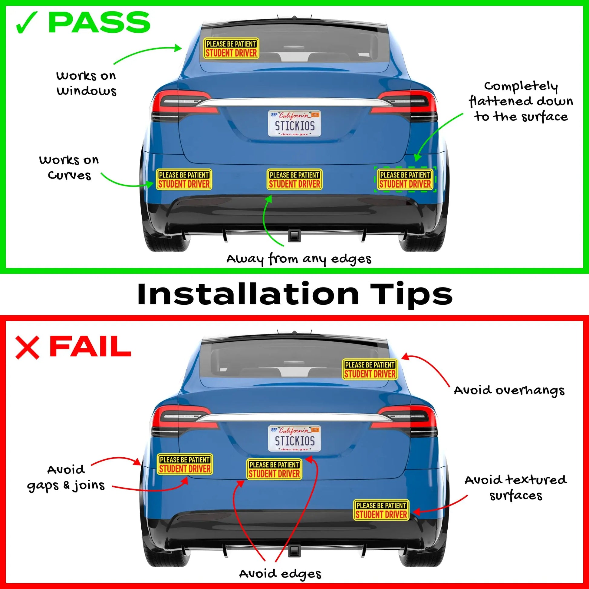 Stickios Non-Magnetic Student Driver Stickers - Removable Vinyl Decal Signs for Cars & Windows - Made in USA (10x4 inches, 2-Pack)