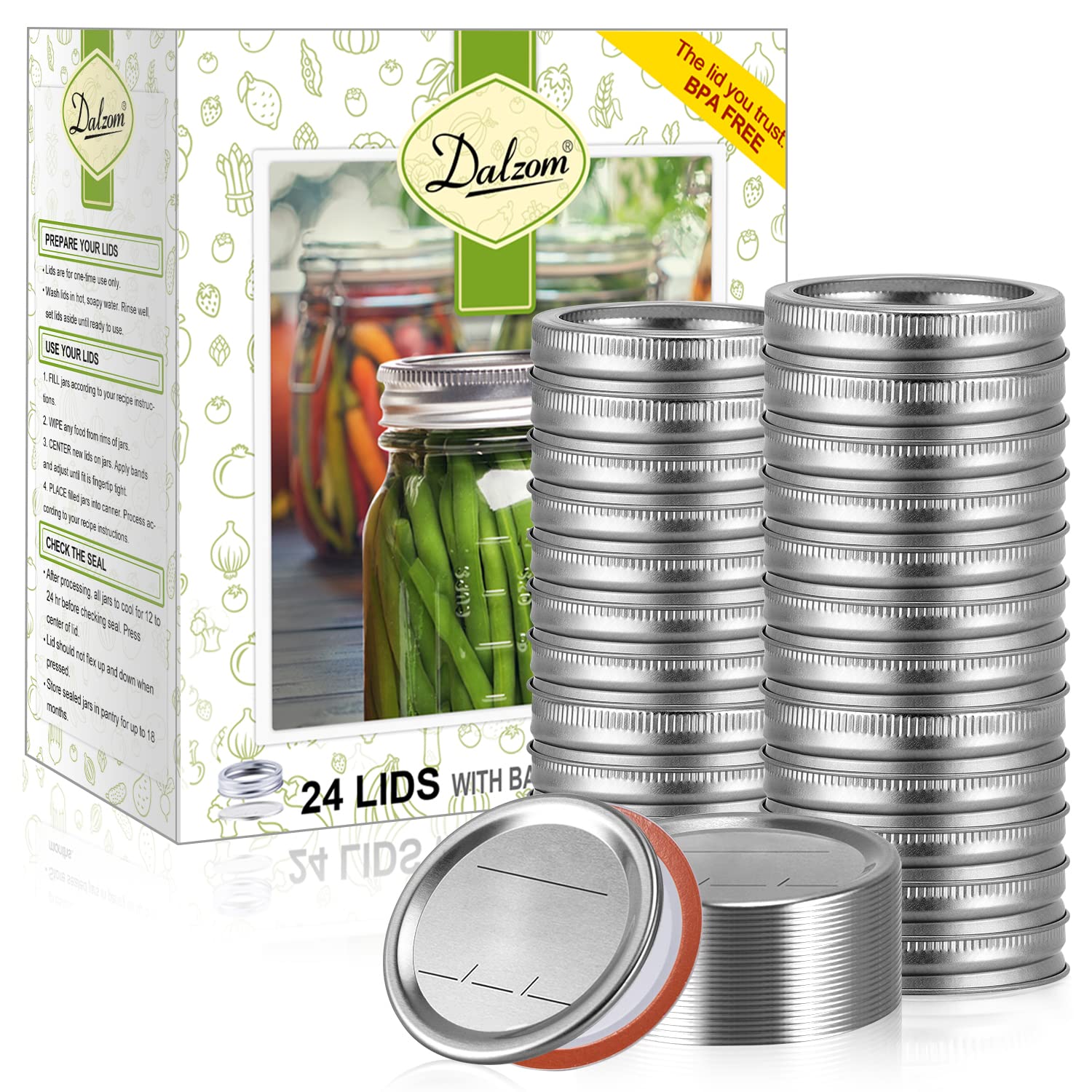 Dalzom 48Pcs Canning Lids with Rings Regular Mouth, Premium Mason Jar Lids with Bands/Rings for Ball, Kerr Jars - Food Grade Material, 100% Fit & Airtight for Regular Mouth Mason Jars