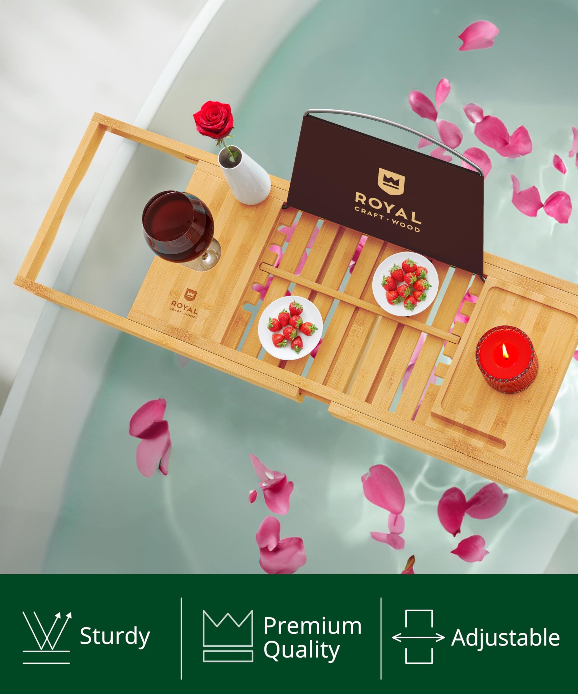 ROYAL CRAFT WOOD Premium Foldable Bathtub Tray Caddy - Wood Bath Tray for Tub, Bamboo Shelf, Expandable Bath Table Trays, Bathtub & Bathroom Accessories for New Home & Mothers, Birthday Gifts for Mom