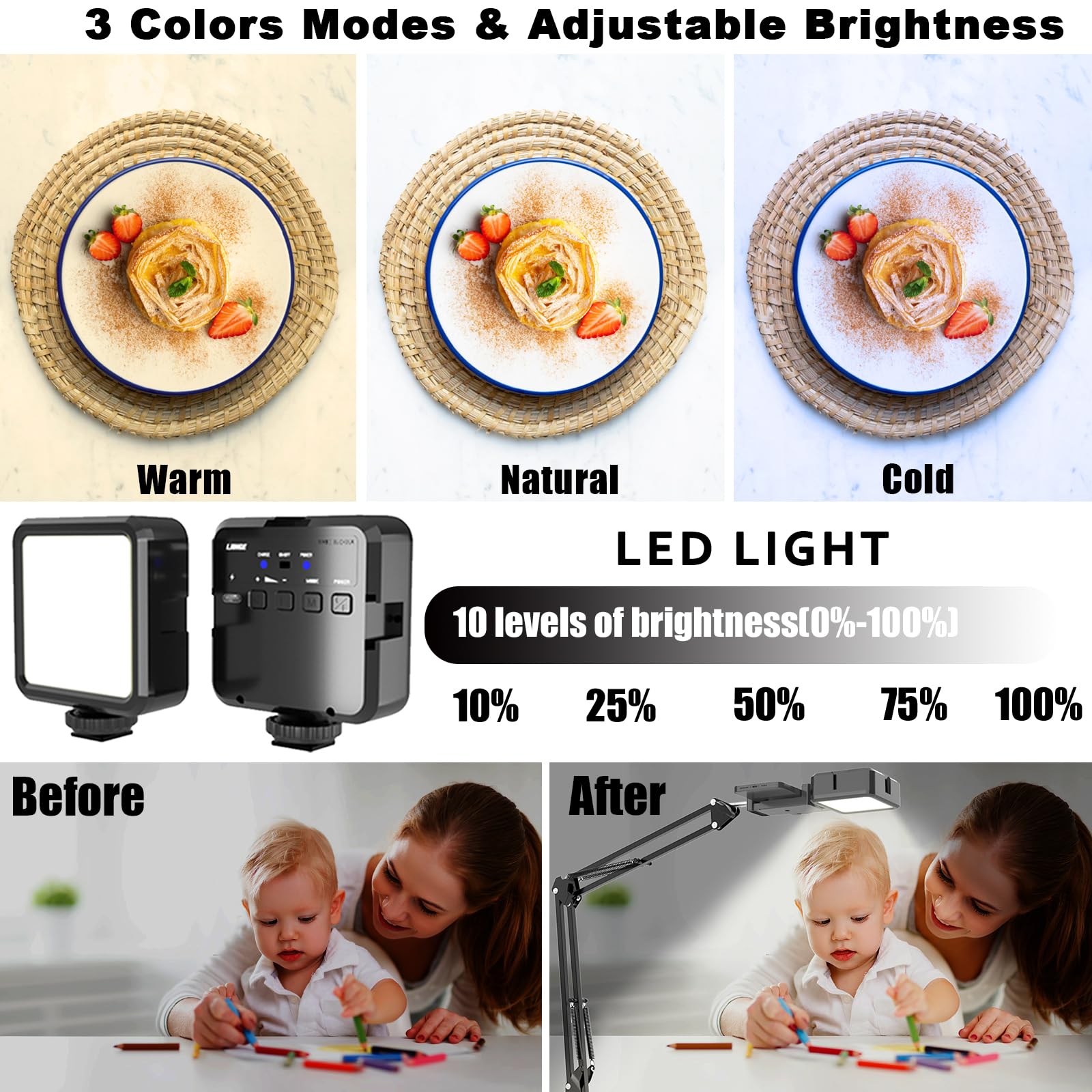 Overhead Phone Mount, Articulating Arm Cell Phone Holder with LED Light, Flexible Phone Stand for Live Streaming, Video Recording, Painting Lighting, Cooking