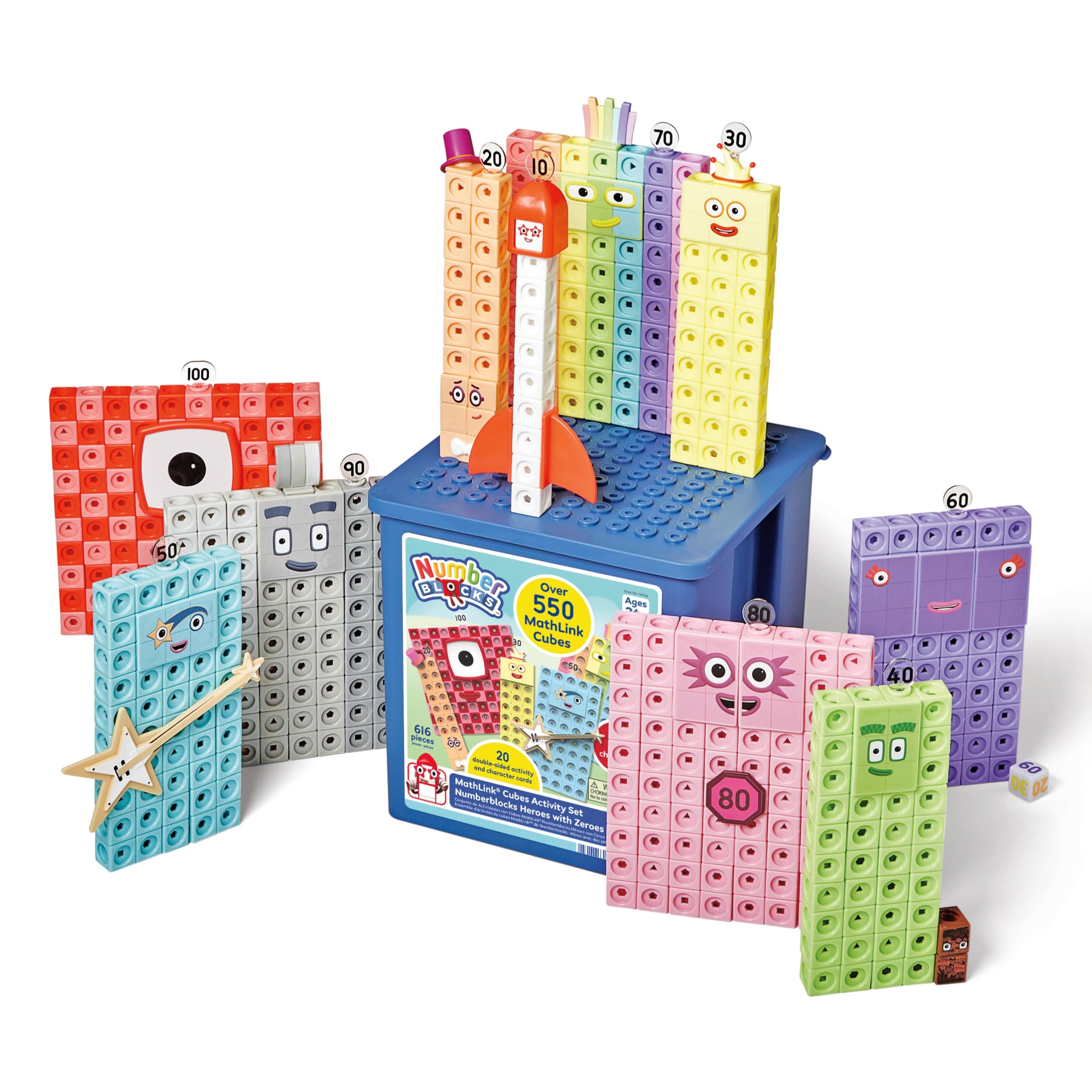 مجموعة أنشطة مكعبات MathLink من hand2mind Numberblocks Heroes with Zeroes، أنشطة تعلم لمرحلة ما قبل المدرسة، أدوات رياضيات لمرحلة الروضة، مكعبات عد، مكعبات ربط الأرقام، ألعاب تعليمية للأطفال