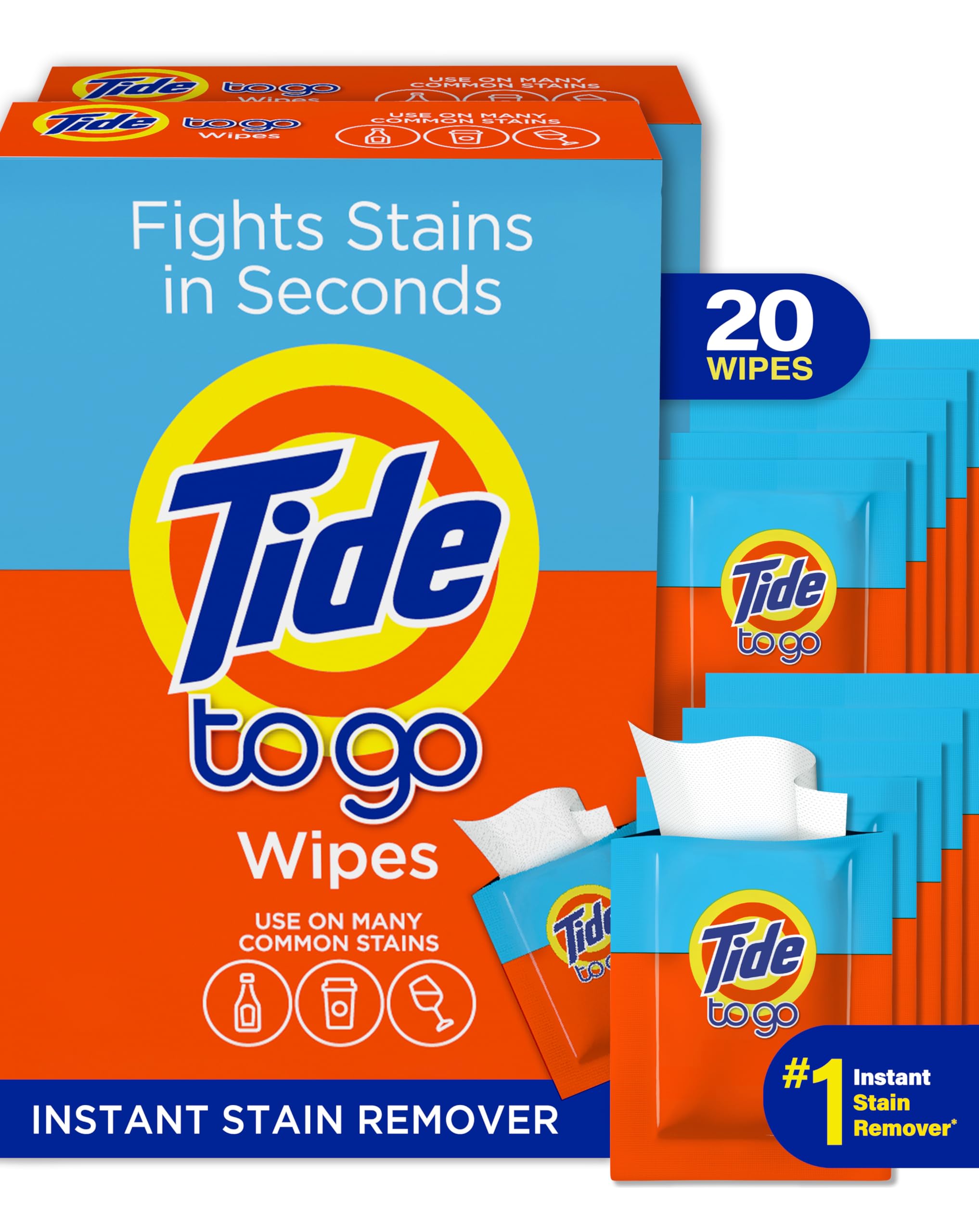 Tide Stain Remover for Clothes, Tide To Go Wipes, Instant Stain Remover for Clothes, Travel & Pocket Size, 20 Count