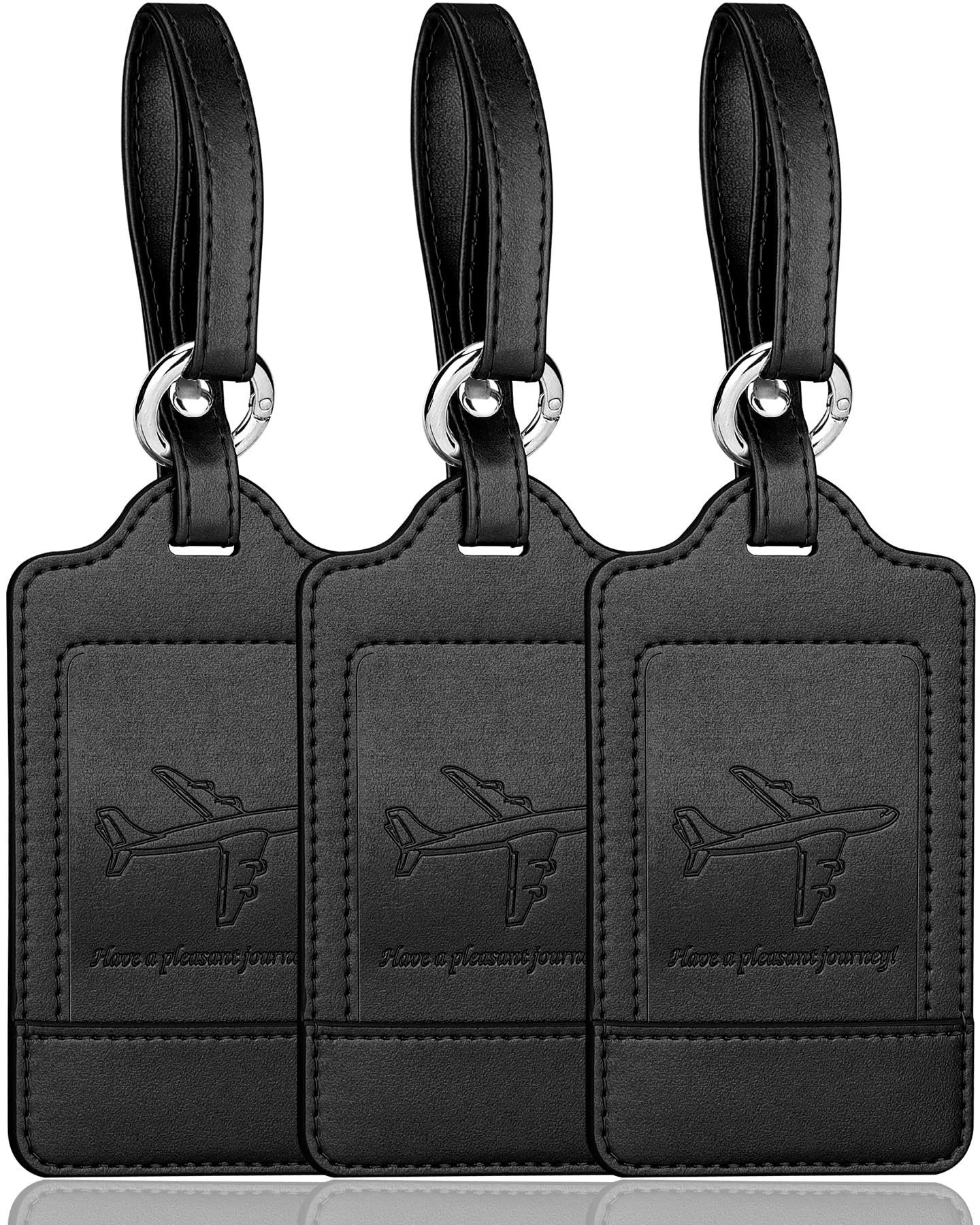 Teskyer Luggage Tags, 3 Pack PU Leather Luggage Tags for Suitcases, Privacy Protection Bag Tags Travel Essentials, Black