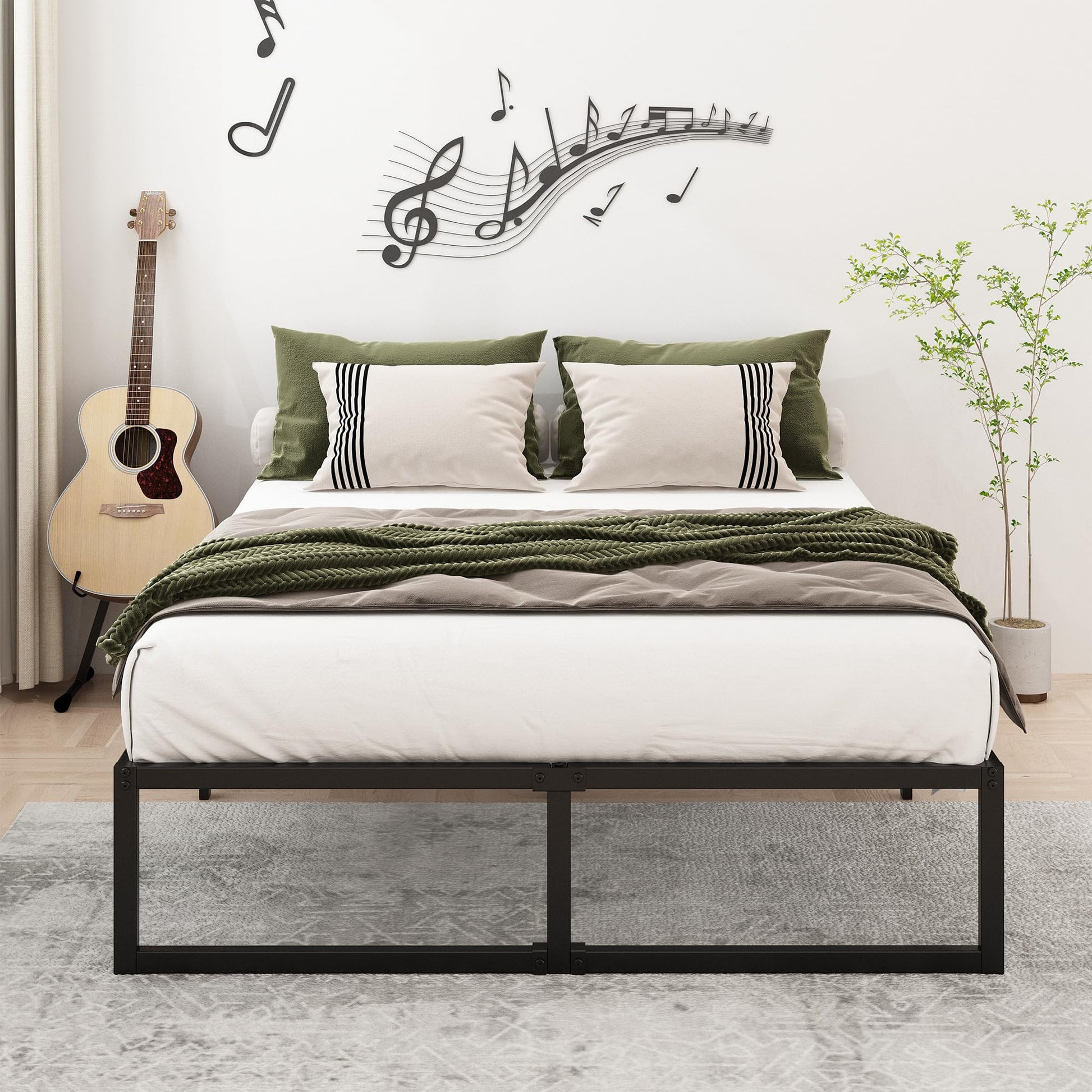 Lutown-Teen 14 Inch Queen Bed Frame Heavy Duty Steel Slat Support Metal Platform Bed Frame Queen Size No Box Spring Needed, Easy Assembly, Black