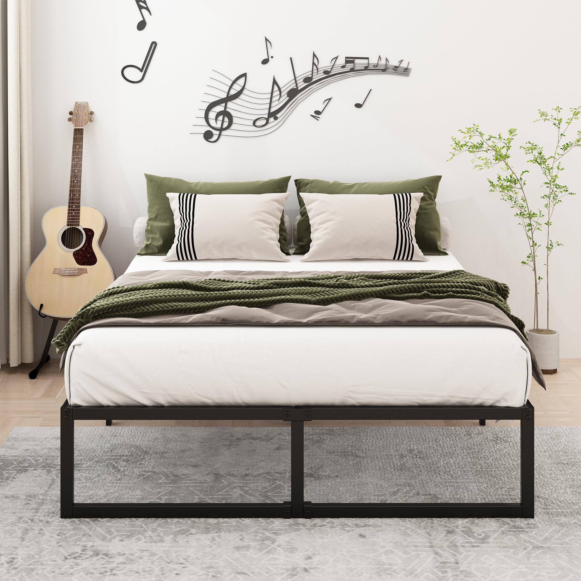 Lutown-Teen 14 Inch Queen Bed Frame Heavy Duty Steel Slat Support Metal Platform Bed Frame Queen Size No Box Spring Needed, Easy Assembly, Black