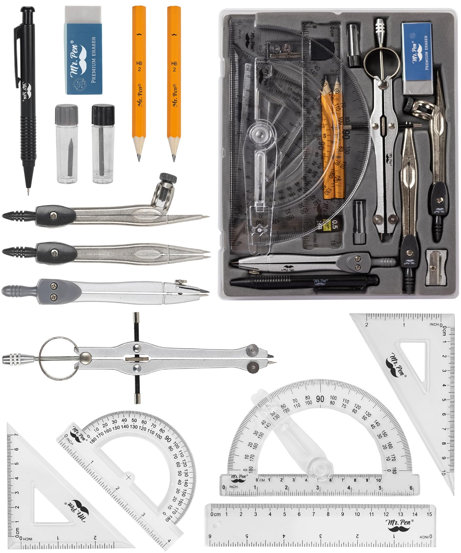 Mr. Pen Geometry Set with 6 Inch Swing Arm Protractor, Divider, Set Squares, Ruler, Compasses and Protractor, 15 Piece Set, Back to School Supplies