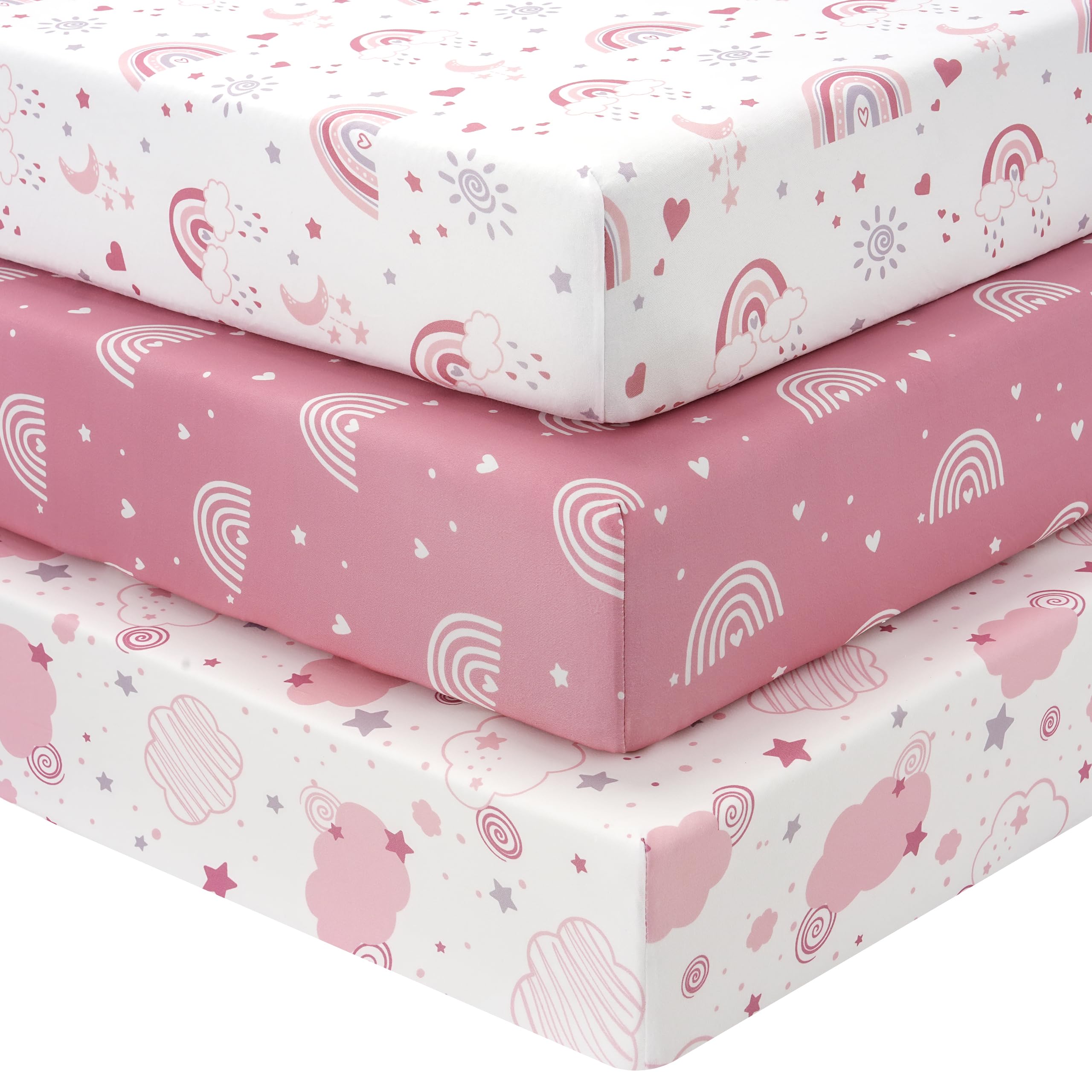 FIEMOL Baby-Spannbettlaken für Mädchen, 3er-Pack Kleinkindbettlaken, passend für 52"x28" Standard-Babybetten und Kleinkindmatratzen, superweiche Mikrofaser, Rosa Regenbogen