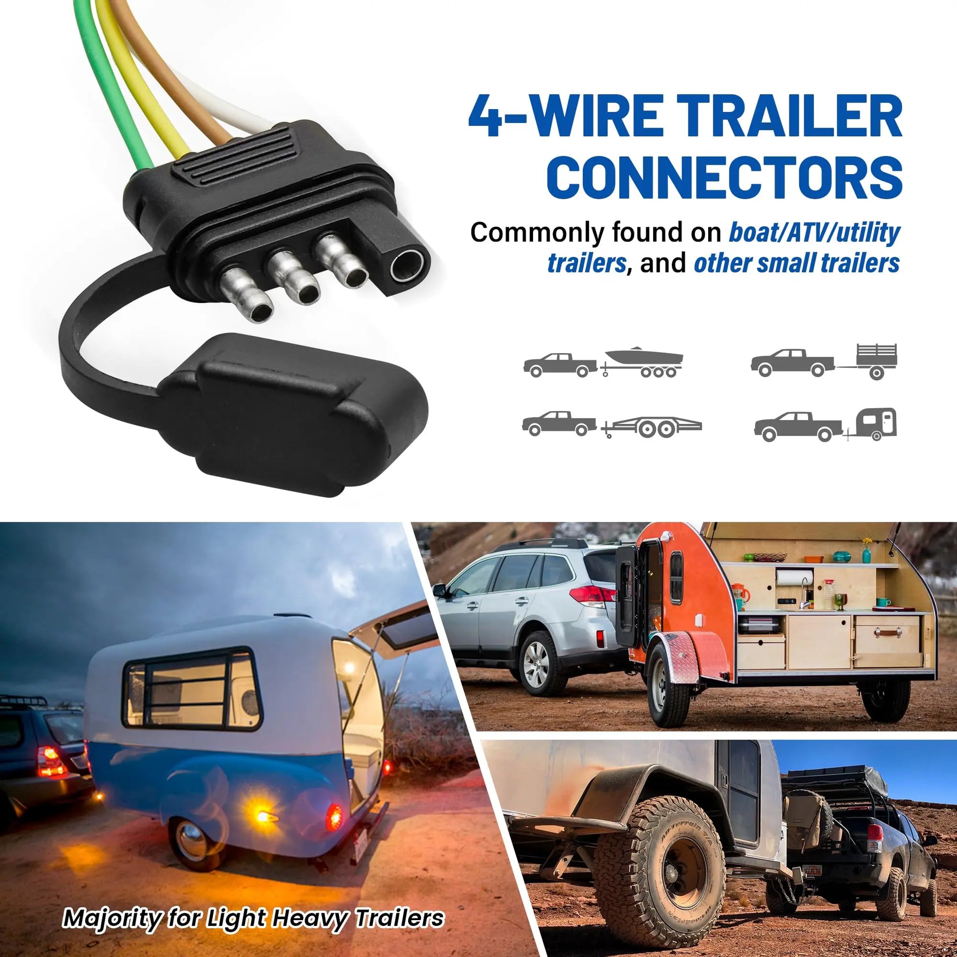 MECMO 4-Way Flat Trailer End Connector 25 Inch, 16AWG 4 Prong Trailer Wiring Harness Plug with Dust Cover, Trailer-Side 4-Pin Trailer Light Plug Male End Replacement Connector for Trailer Hitch Wire