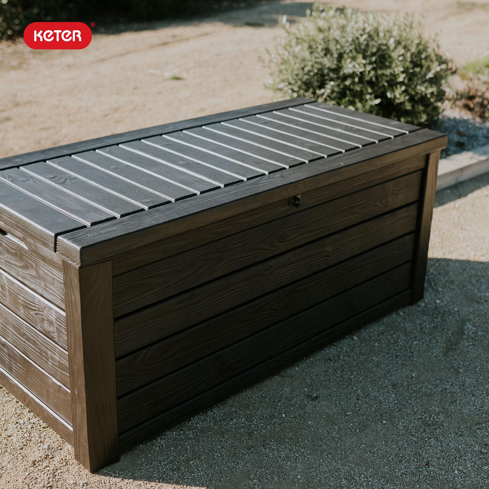 Keter 150 Gallon Resin Large Deck Box Organization and Storage Box for Patio, Outdoor Cushions, Garden Tools, Brown
