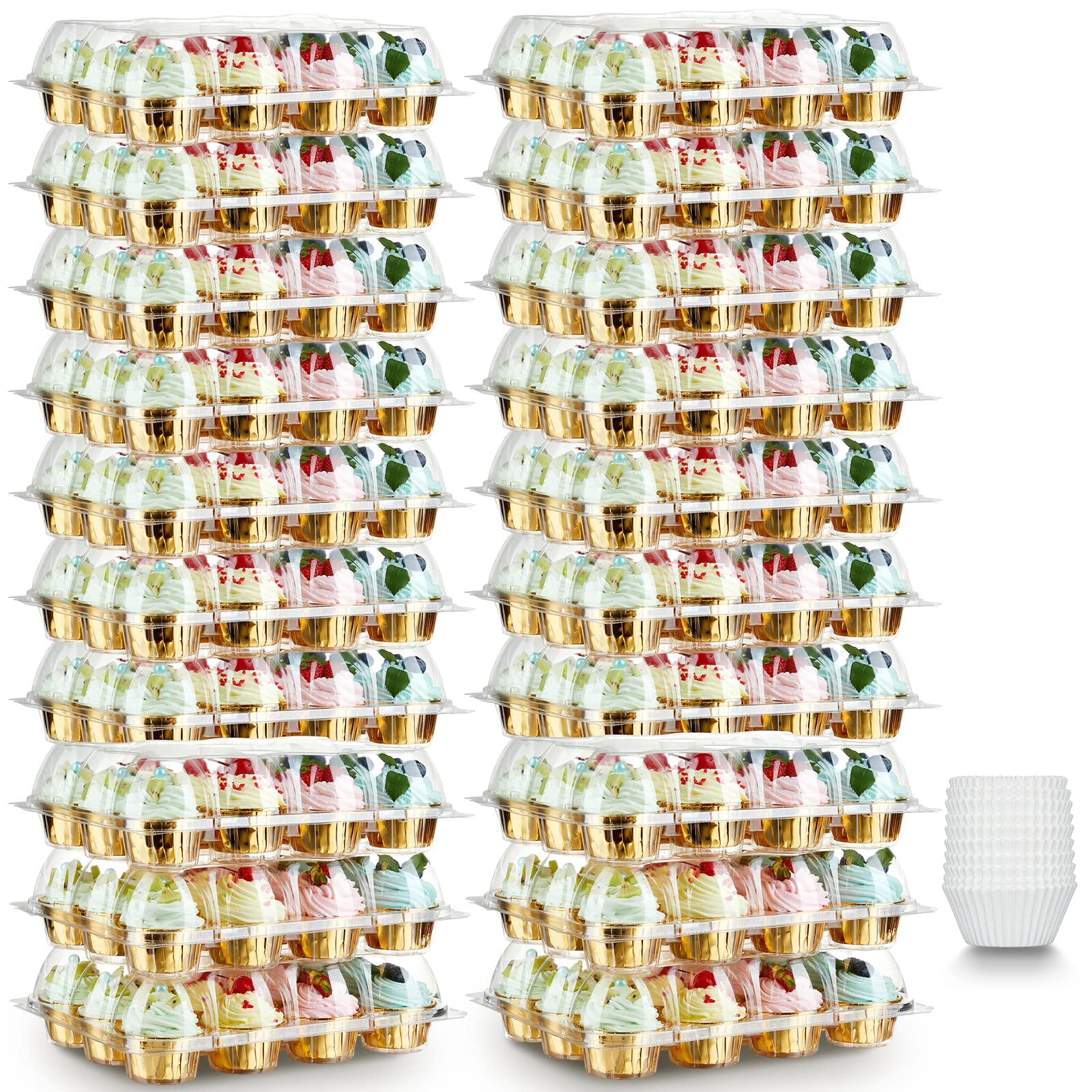 Gencywe (12 Pack x 20 Sets) Stackable Cupcake Carrier with 240 Pack Liners, Plastic Cupcake Boxes Holders for 12 Cupcakes, High Tall Dome Lid Cupcake Containers, Clear Disposable Cupcake Trays