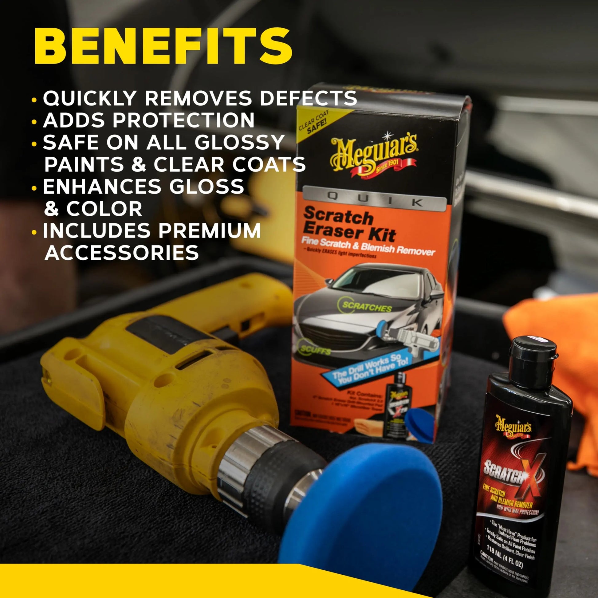 Meguiar's Quik Scratch Eraser Kit, Car Scratch Remover for Repairing Surface Blemishes, Car Care Kit with ScratchX, Drill-Mounted Pad, and Microfiber Towel, 4 Count