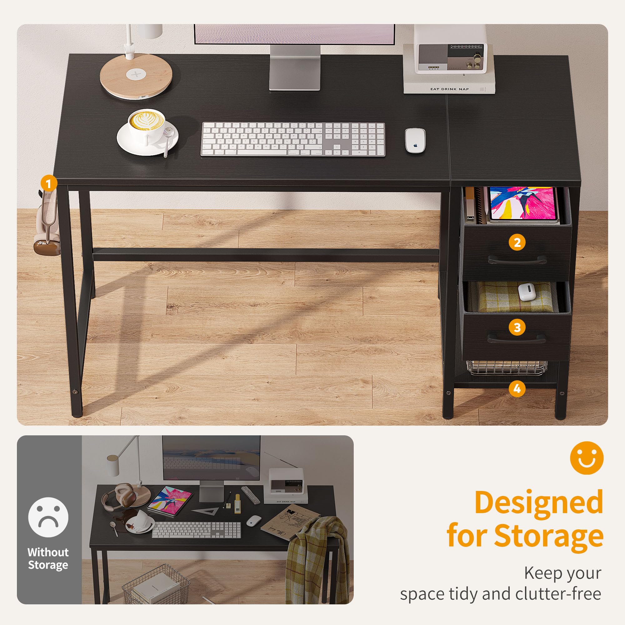 CubiCubi Computer Desk with 2 Drawers, 40 Inch Small Home Office Desk Study Writing Table, Modern Black