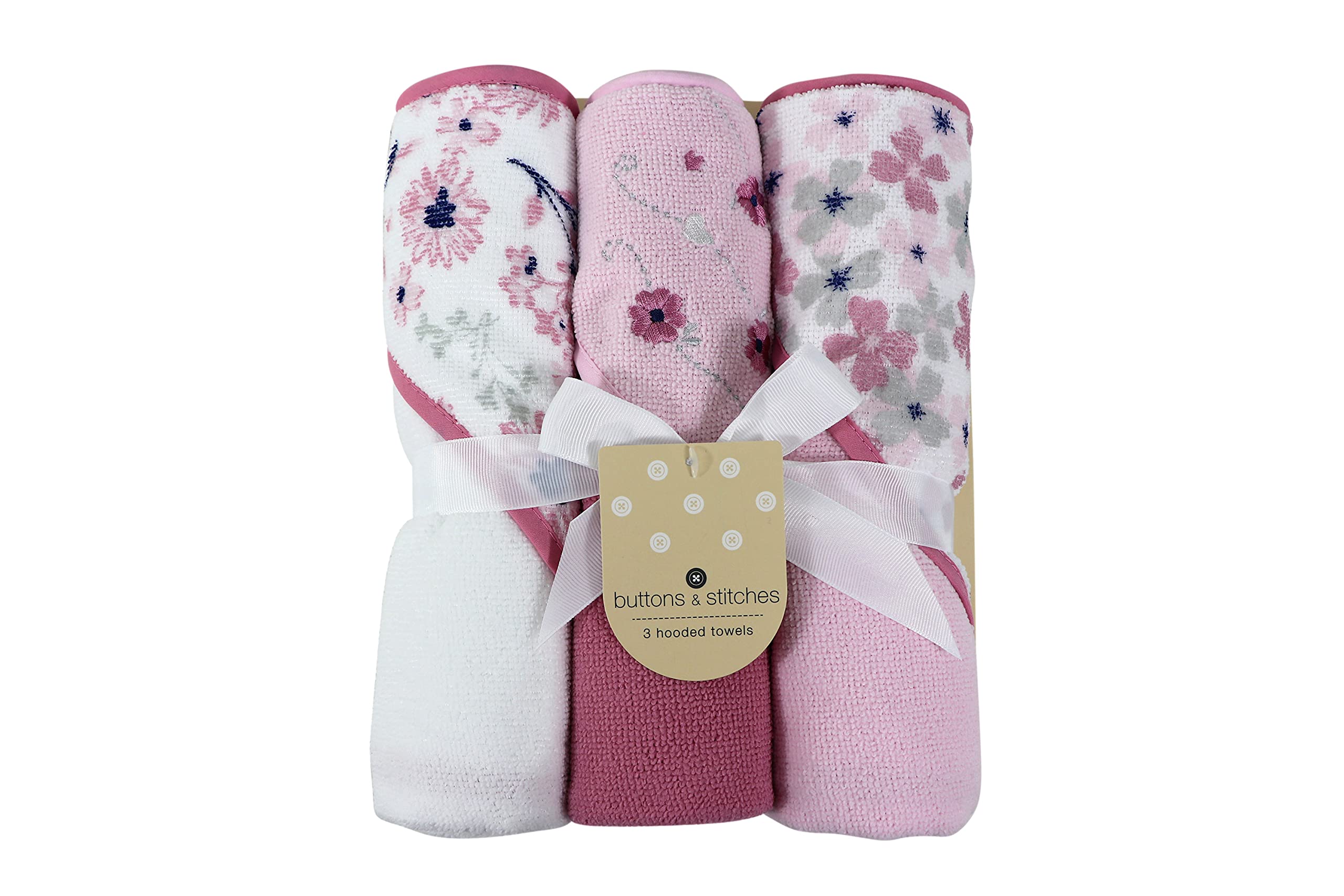مناشف أطفال Cudlie Buttons & Stitches للبنات، عبوة من 3 قطع ملفوفة/معلقة، بغطاء رأس، بطبعة أزهار منعشة (GS71728)