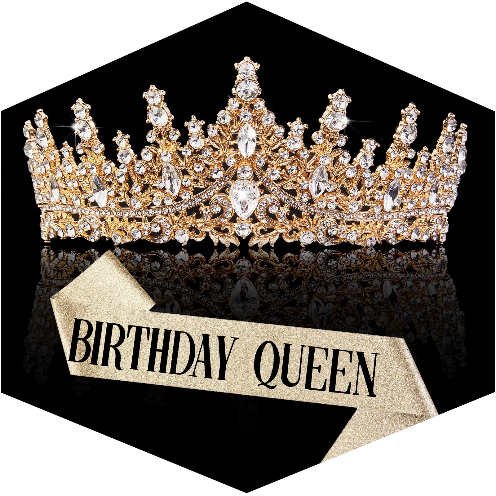 Birthday Sash and Crown for Women, Gold Crystal Princess Tiaras Rhinestone Queen Headband Wedding Bridal Hair Accessories, Birthday Prom Pageant Party Coming of Age Ceremony Photo Props
