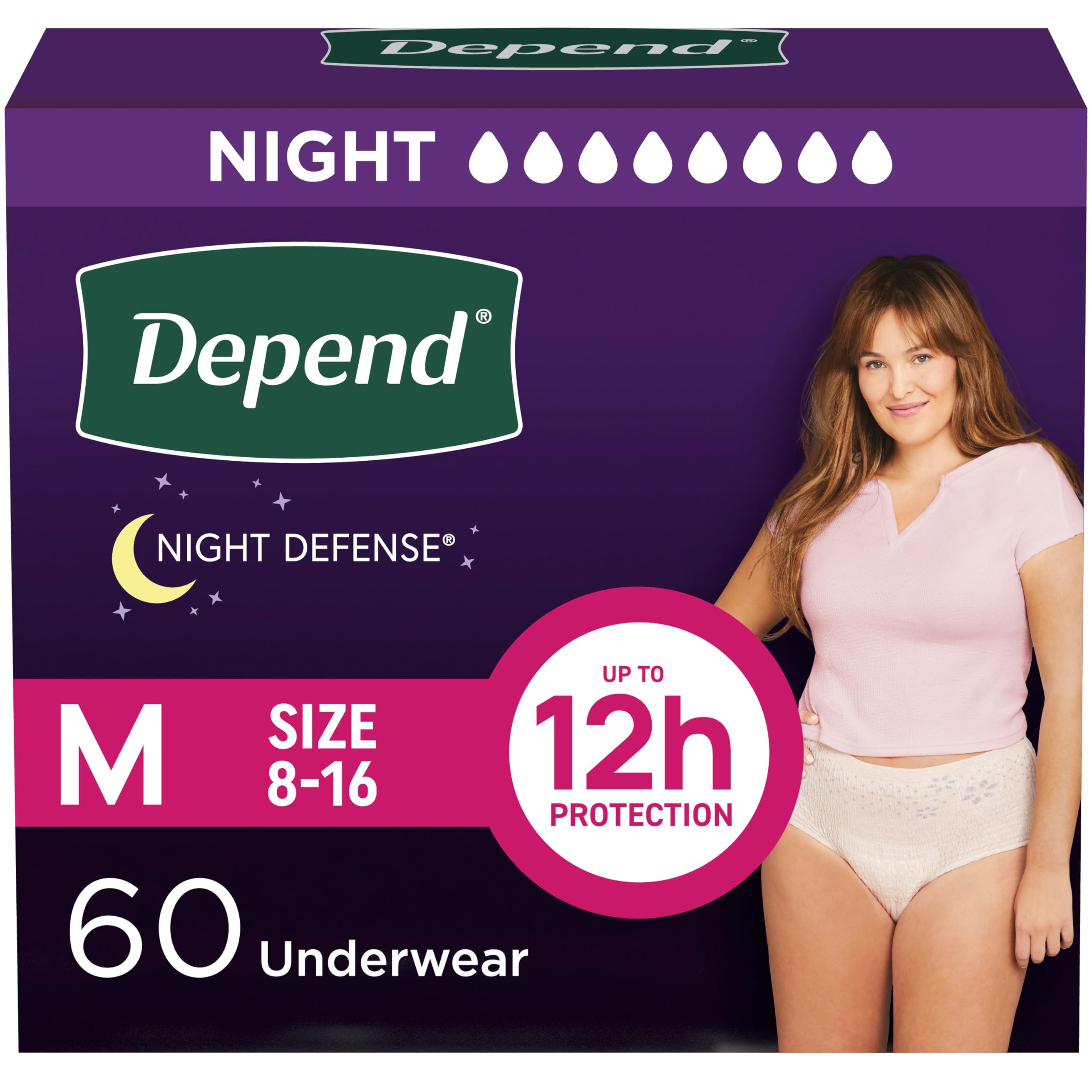 حفاضات سليب للبالغين من Depend Night Defense لسلس البول بعد الولادة وتسرب المثانة للنساء، للاستعمال مرة واحدة، للاستخدام الليلي، مقاس M، لون أحمر فاتح، 60 قطعة (4 عبوات من 15 قطعة)، قد تختلف العبوة