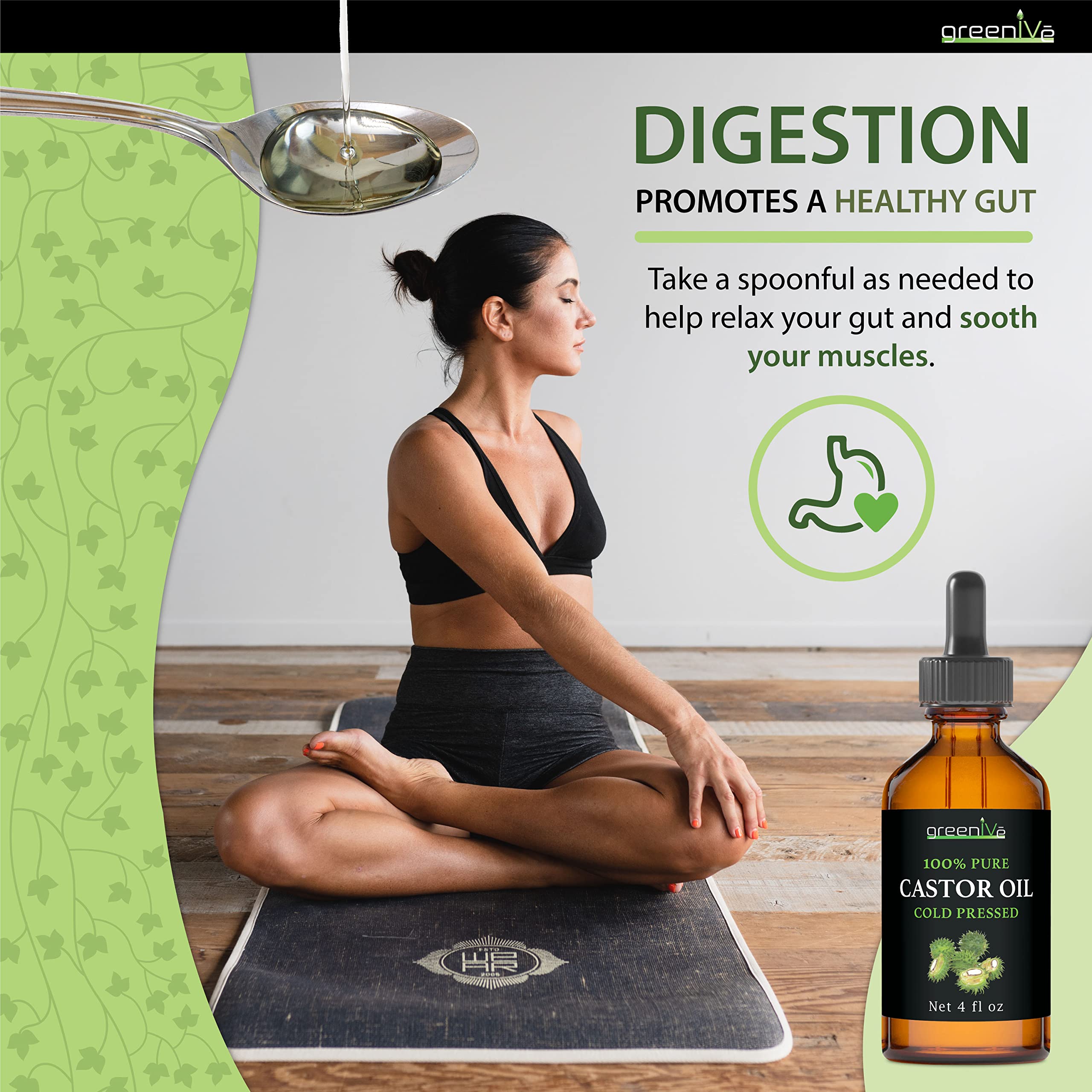 GreenIVe Castor Oil 100% Pure 4 fl oz Bottle Cold Pressed, Hexane Free, Eyelash and Eyebrow Growth Serum, Skin Moisturizer Detox and Wraps
