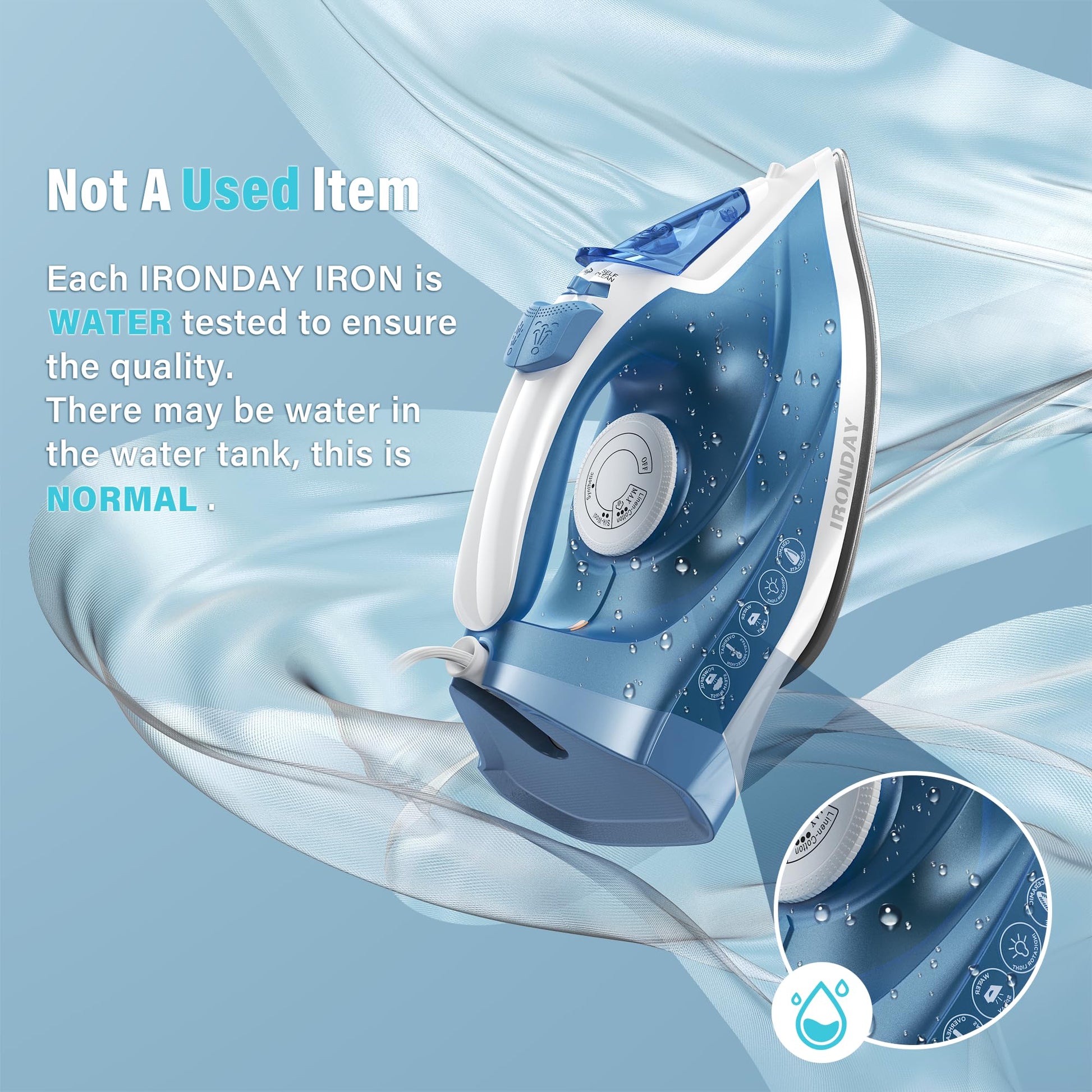 IRONDAY Steam Iron for Clothes Fast Heating, 1200W Iron with Non-Stick Ceramic Soleplate, Self-Cleaning, Burst of Steam, Spray Mist, 7.03oz Water Tank Ironing Clothes for Home, Blue