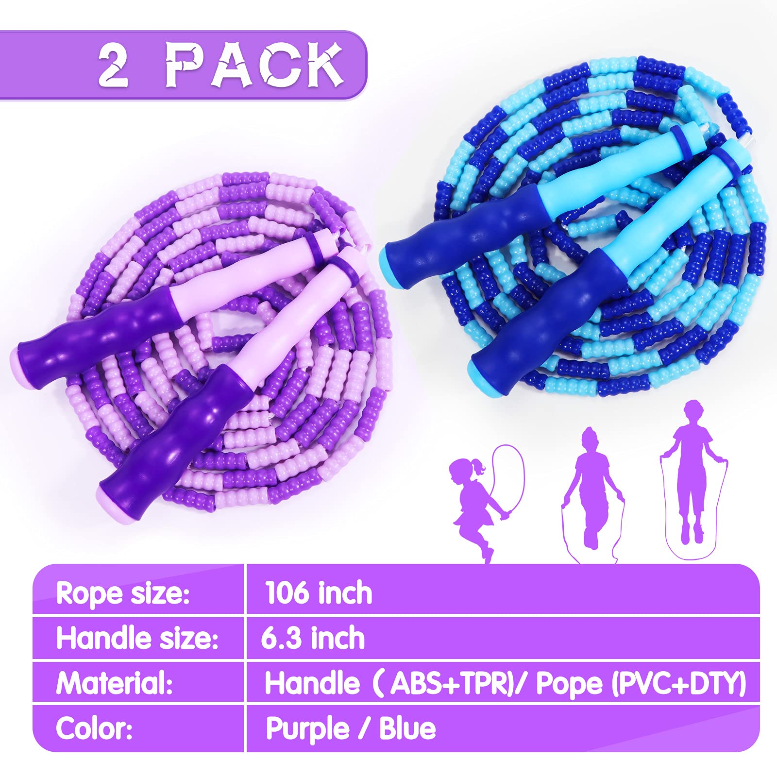 Supertrip Jump Rope Kids-Soft Beaded Skipping Rope Adjustable Tangle-Free Segmented Jumping Rope for Children and Students