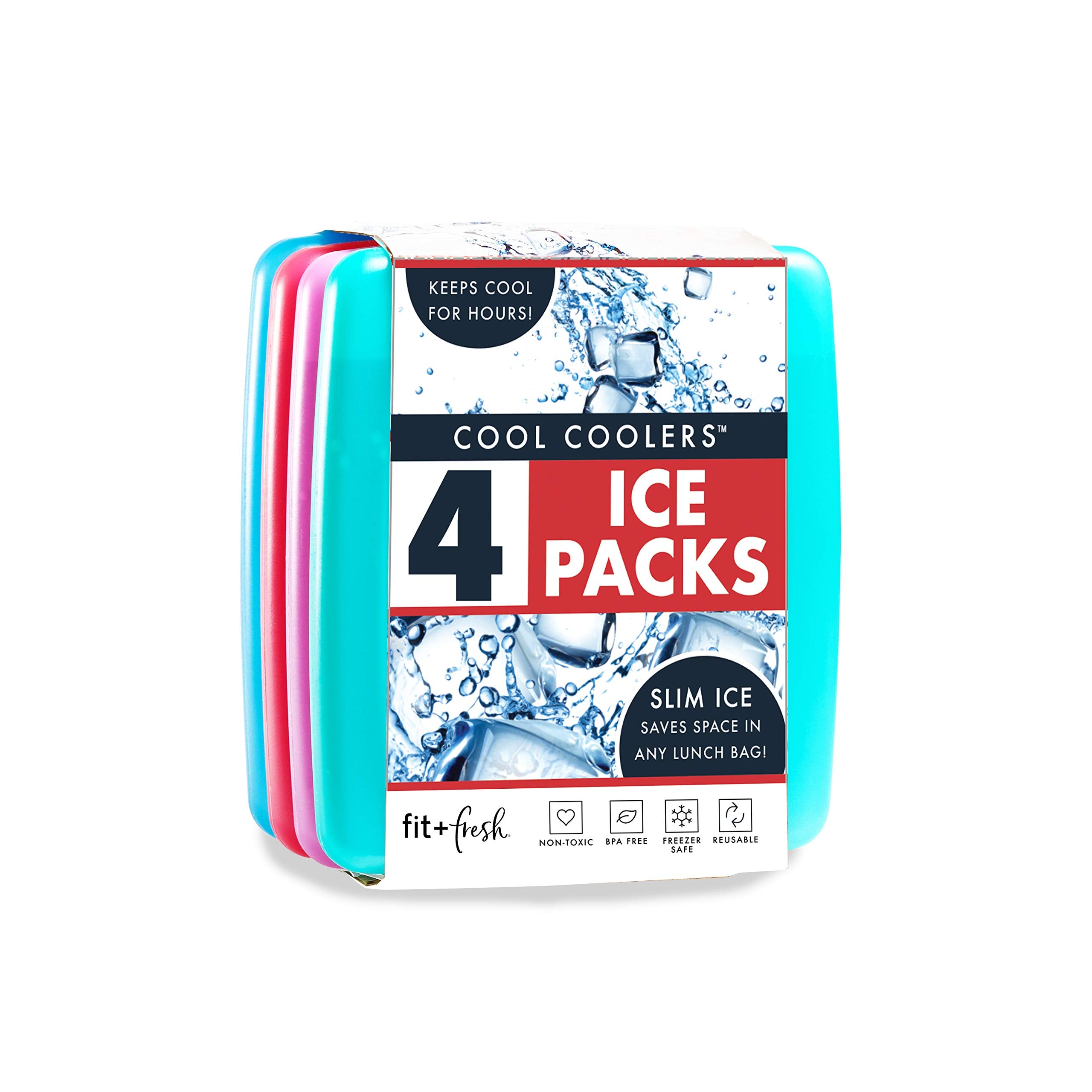 Cool Coolers by Fit & Fresh، 4 عبوات ثلج رفيعة، عبوات ثلج سريعة التجميد موفرة للمساحة قابلة لإعادة الاستخدام لصناديق الغداء أو المبردات، متعددة الألوان