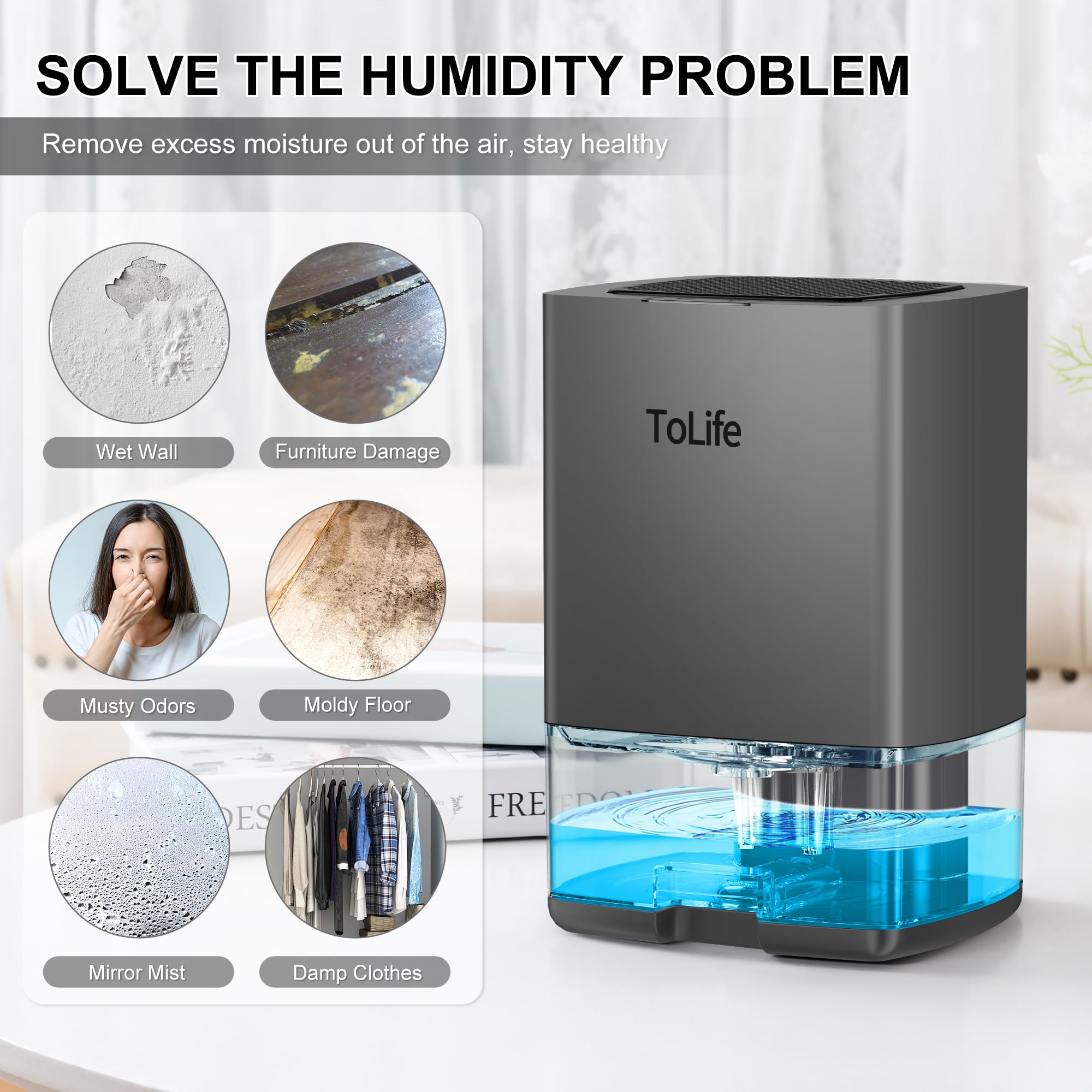 ToLife Dehumidifiers for Home 30 OZ Water Tank with Auto-Off 500 sq.ft Portable Small Dehumidifier for Bathroom Bedroom RV Closet Room 7 Colors LED Light, Gray