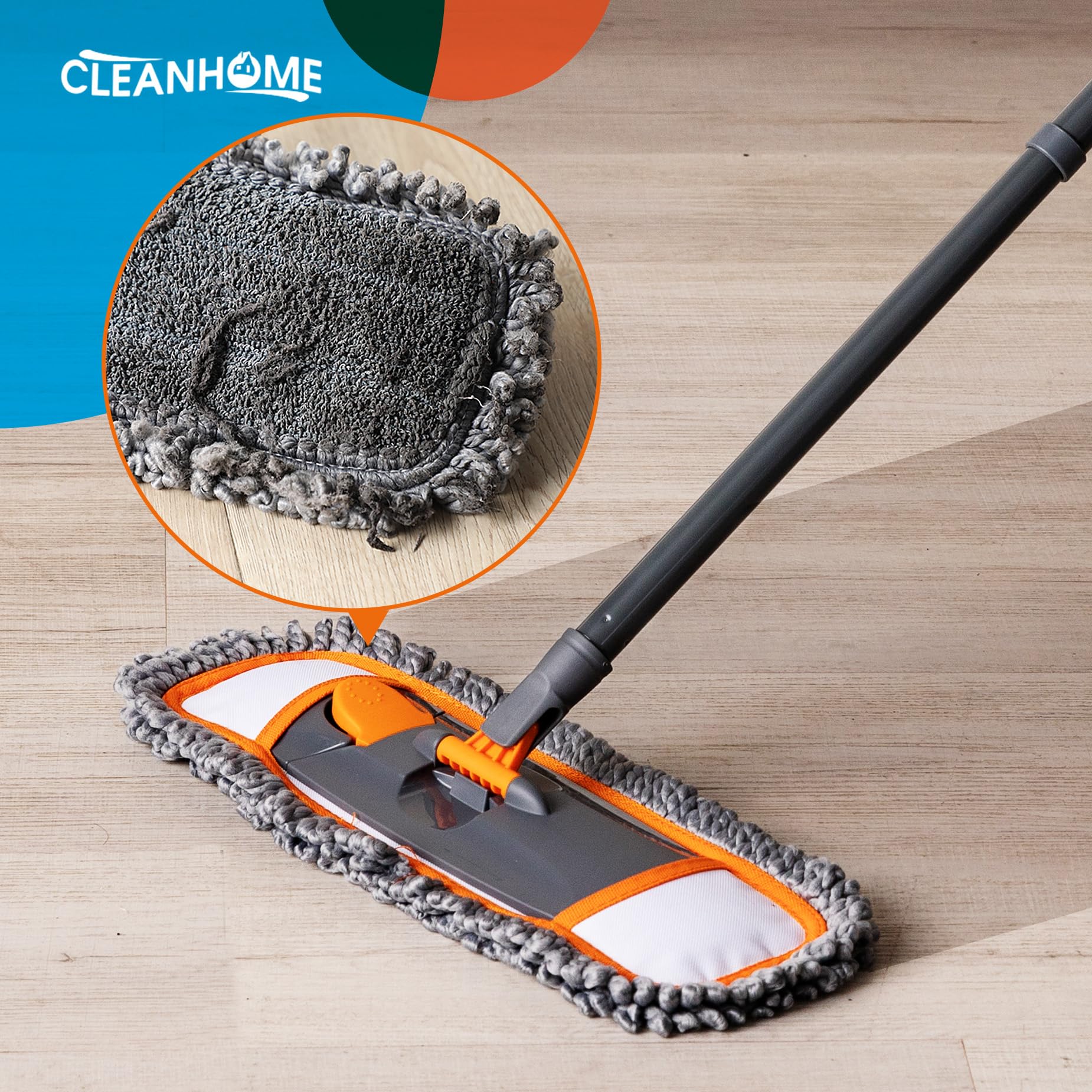 CLEANHOME Mops for Floor Cleaning with 3 Different Washable Pads and Extendable 55” Long Handle, Multifunction Dust Mop for Hardwood,Marble,Tile Floor Mopping,Orange