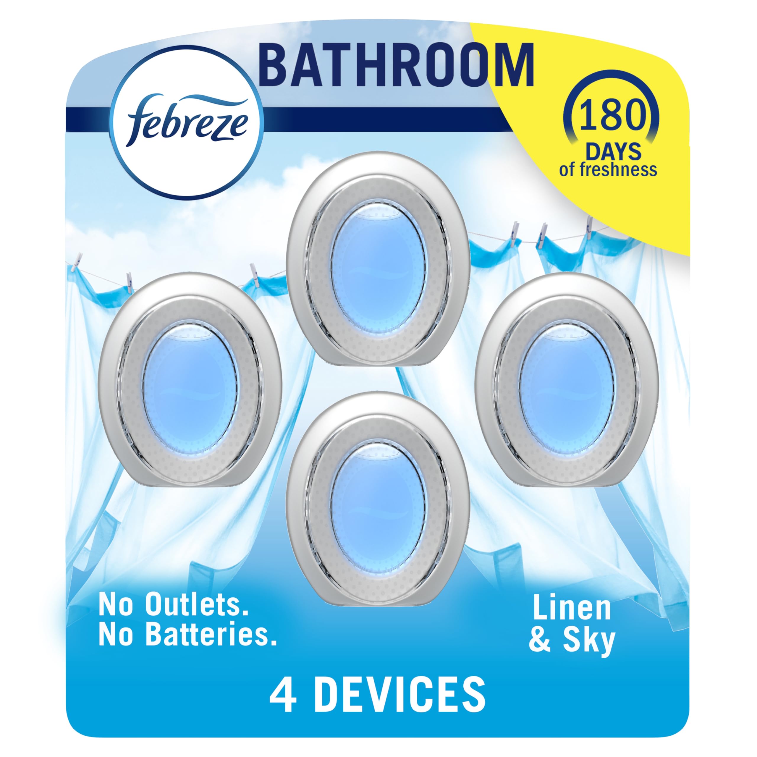 Febreze Bathroom Air Freshener, Odor-Fighting, Plug In Alternative, Air Fresheners for Home and Bathroom and Kitchen, Closet Air Fresheners, Linen & Sky Scent, 4 Count