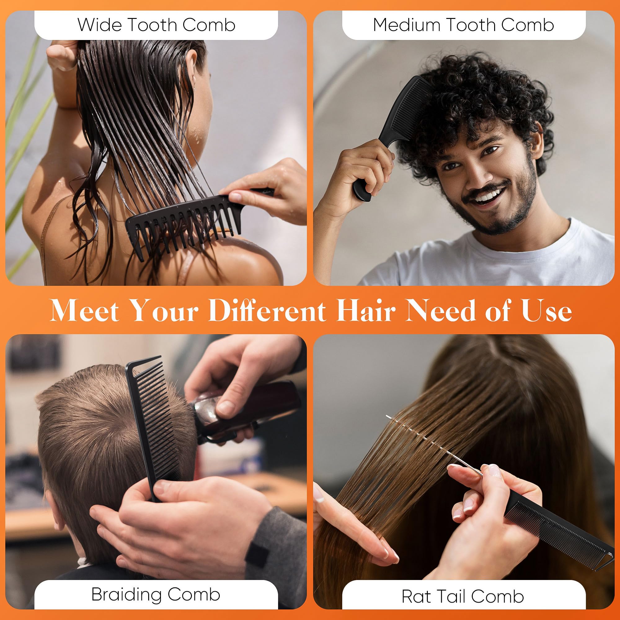 SALONSILK 4PCS Professional Comb Set, Wide Tooth Rat Tail Fine Tooth Hair Combs, Braiding Cutting Barber Styling Curly Parting Set for Men and Women