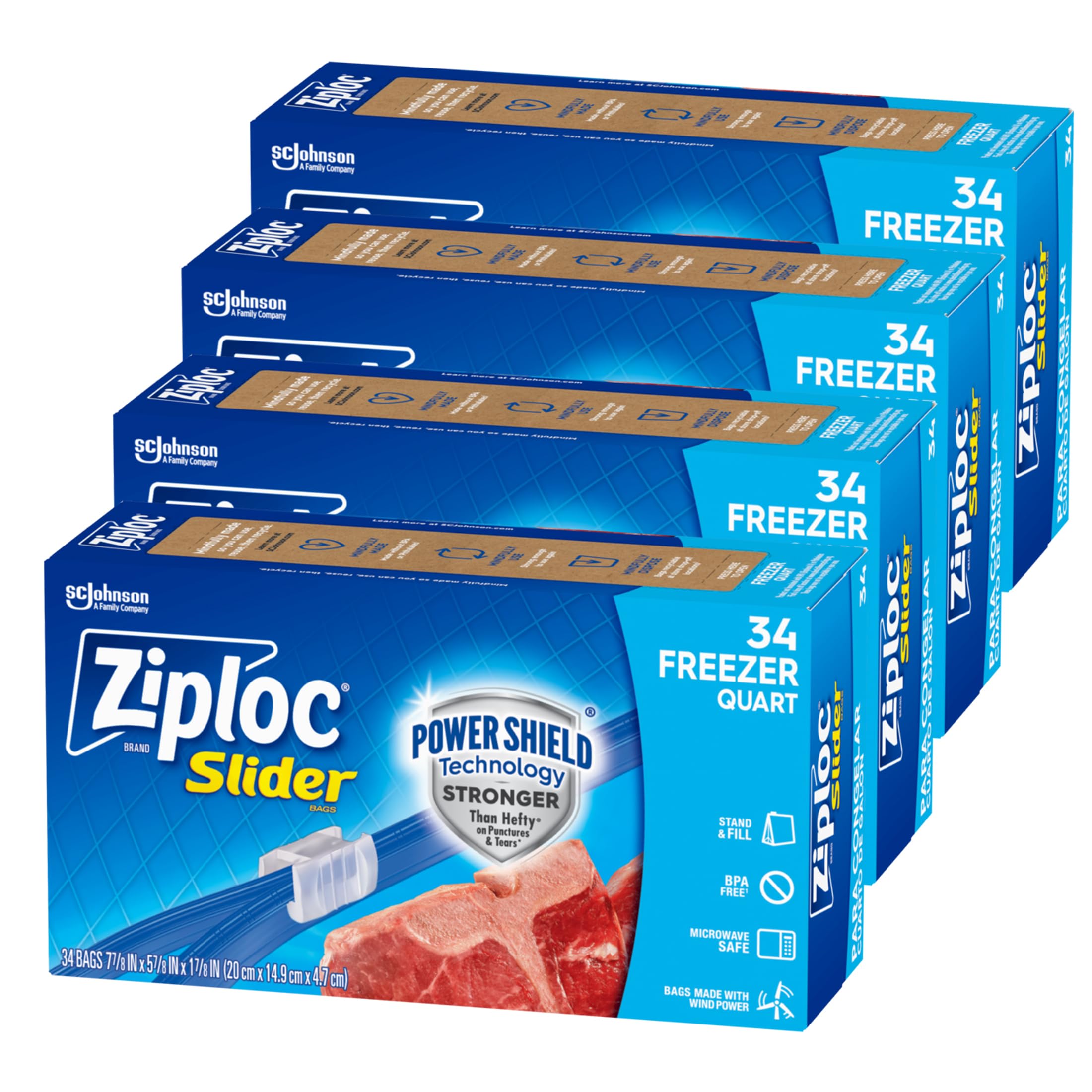 Ziploc Quart Food Storage Freezer Slider Bags, Power Shield Technology for More Durability, 34 count, 4 Pack, 136 Total (Packaging May Vary)
