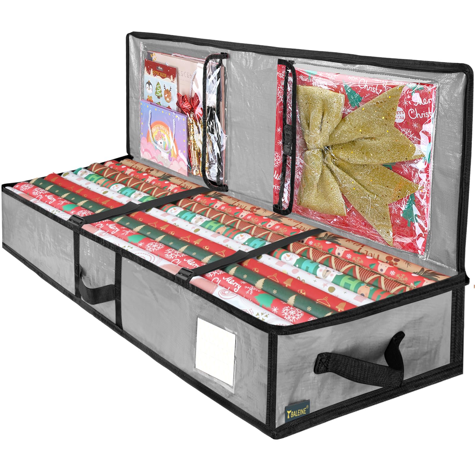 BALEINE SOFT Christmas Wrapping Paper Storage Bag, 40" Durable PE Gift Wrap Storage Bag with Flexible Partitions and Pockets for Ribbon, Accessories (Grey)