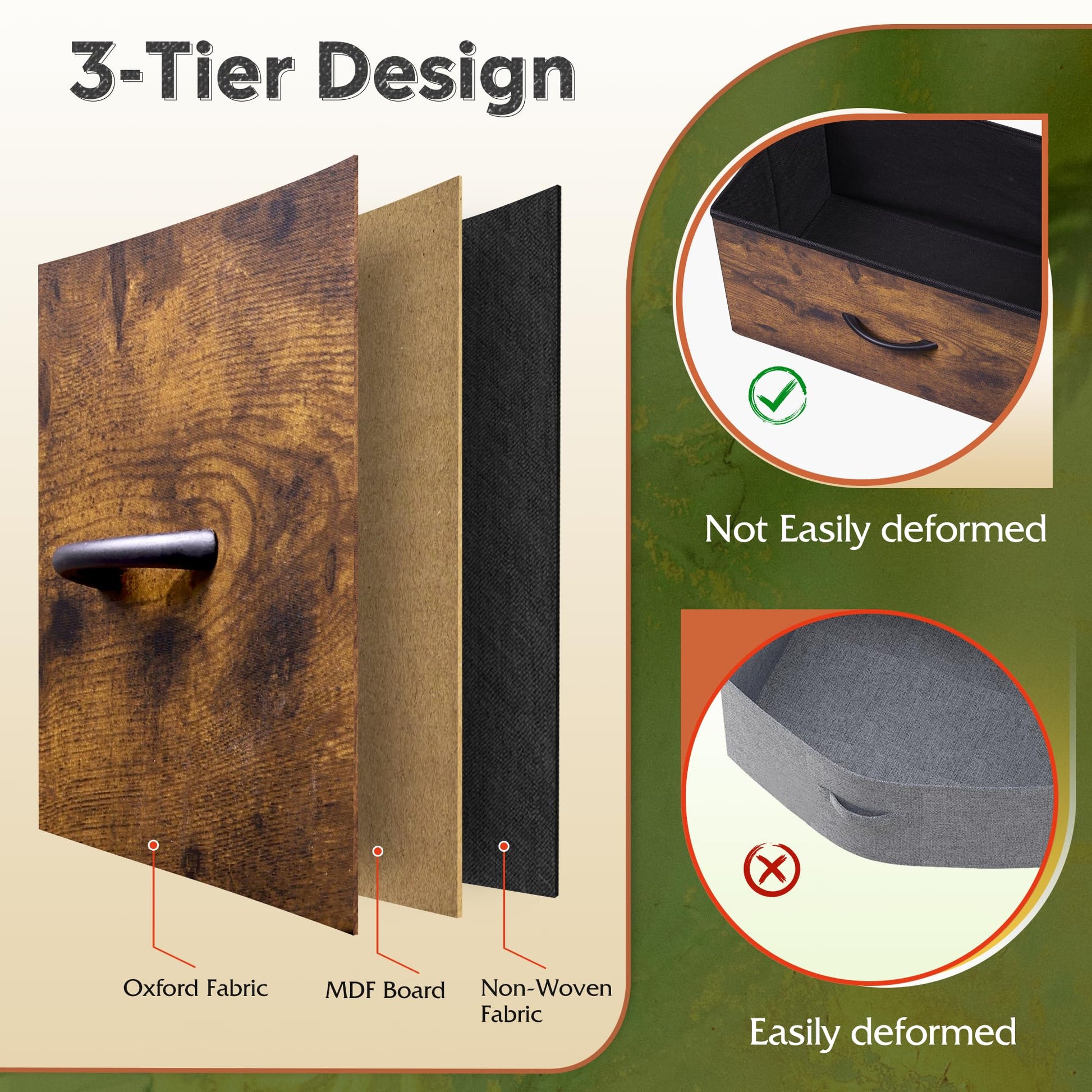 WLIVE Fabric Dresser, 5-Drawer Tall Dresser for Bedroom, Storage Organizer with Fabric Bins, Wood Top, Sturdy Steel Frame, Chest of Drawers for Closet, Hallway, Rustic Brown Wood Grain Print