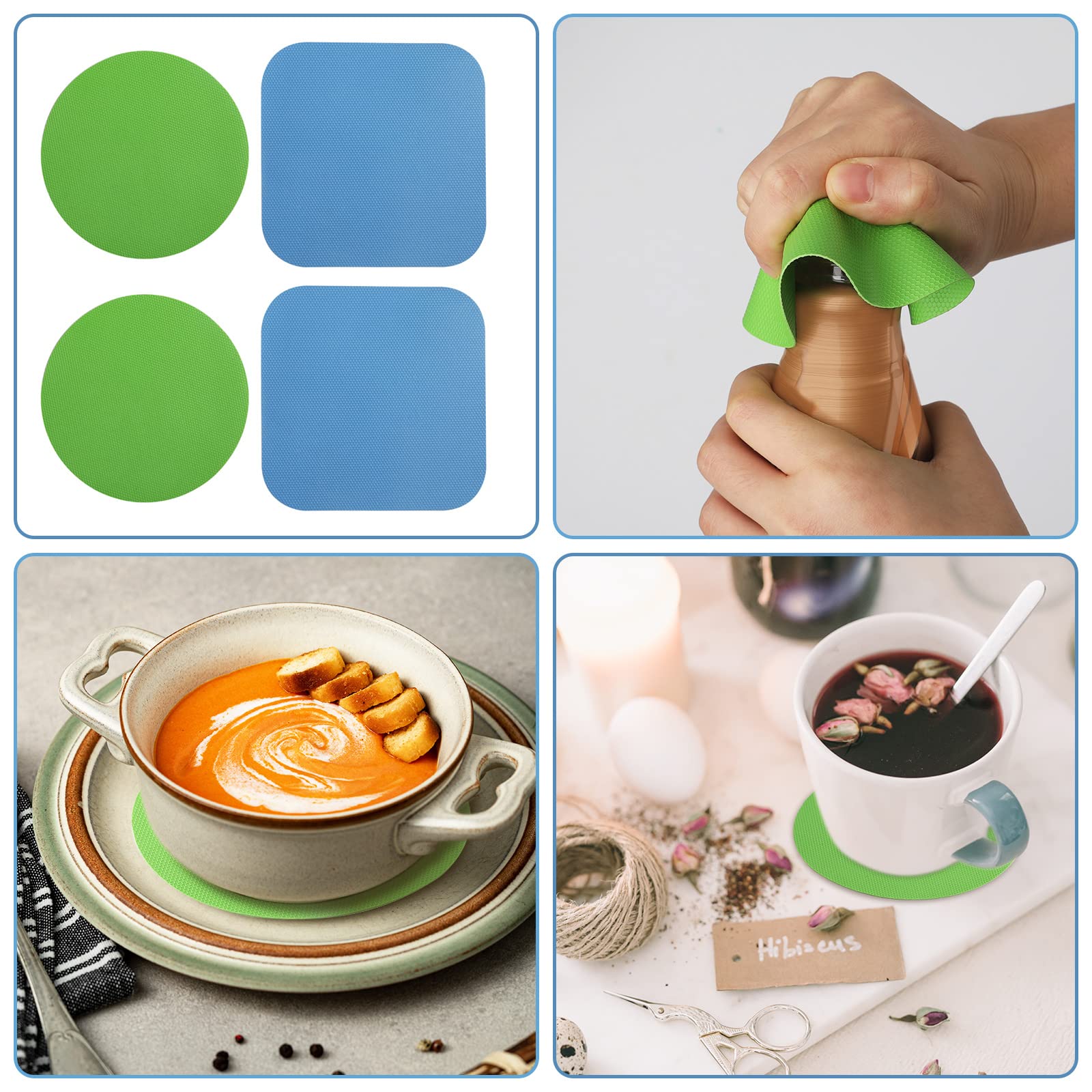 LUTER 4pcs Jar Opener, Rubber, Multi-function Silicone Bottle Opener for Seniors with Arthritis Weak Hands Lid Cap Gripper Pads Kitchen Coasters Gadgets(Light Blue, Green)