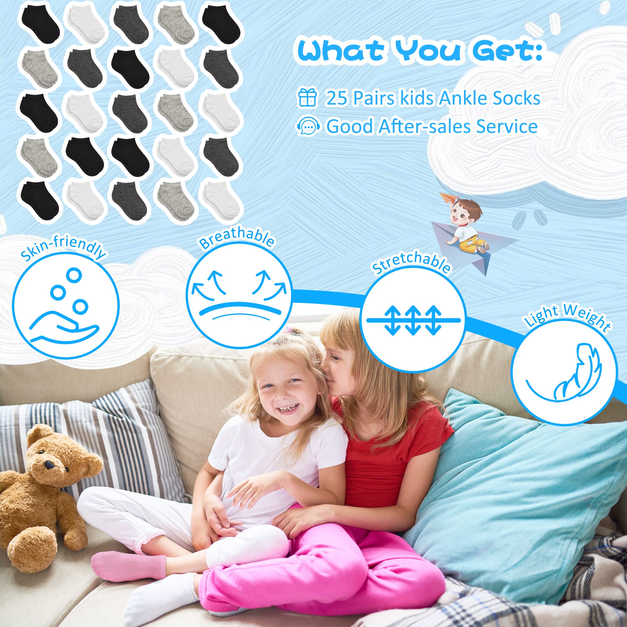 Kids Socks - 25 Pairs Toddler Low Cut Ankle Socks Set for Boys & Girls (2-4T)