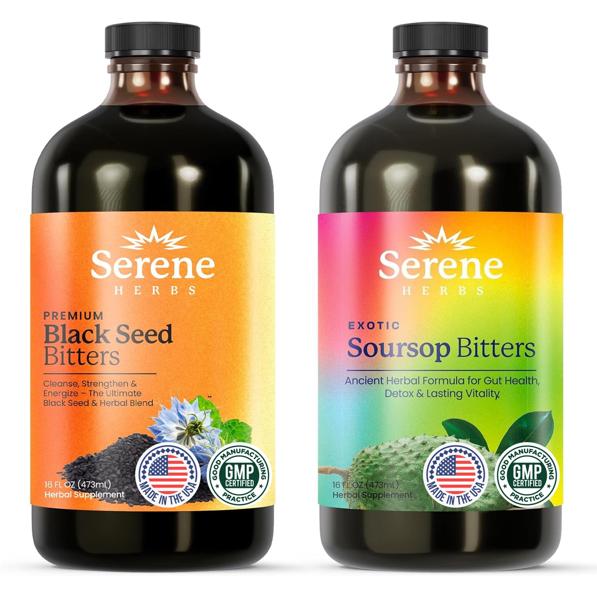 Serene Herbs Soursop Bitters Liquid & Black Seed Bundle - Organic Herbal Guanabana for Digestive Support & Immune Health - Vegan, Non-GMO - 32 oz (16 oz Each), 64 Servings