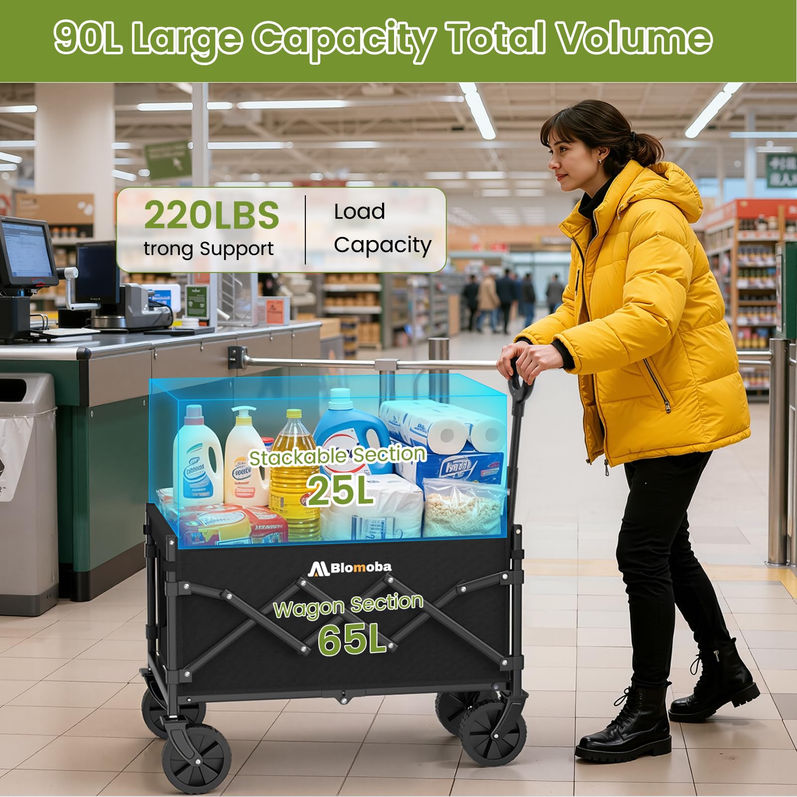 Collapsible Wagon with Wheels, 220 lbs Wagons Carts Foldable Wagon Cart with Flexible Handle, Lightweight Portable Folding Utility Grocery Shopping Cart for Grocery Sports Garden Camping