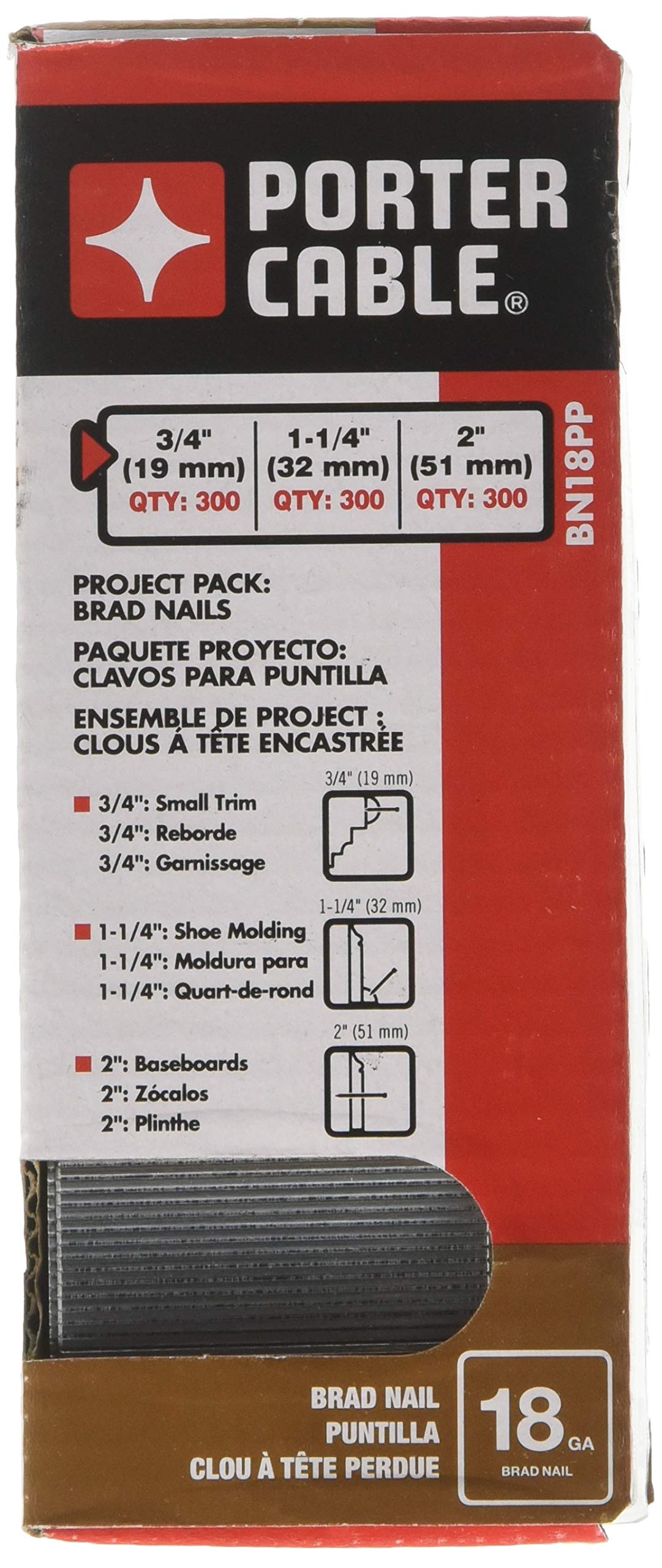 PORTER-CABLE Brad Nails, Project Pack, 18GA, 300 x 5/8 in., 300 x 1-1/4 in., 300 x 2 in. 900-Pack (BN18PP)