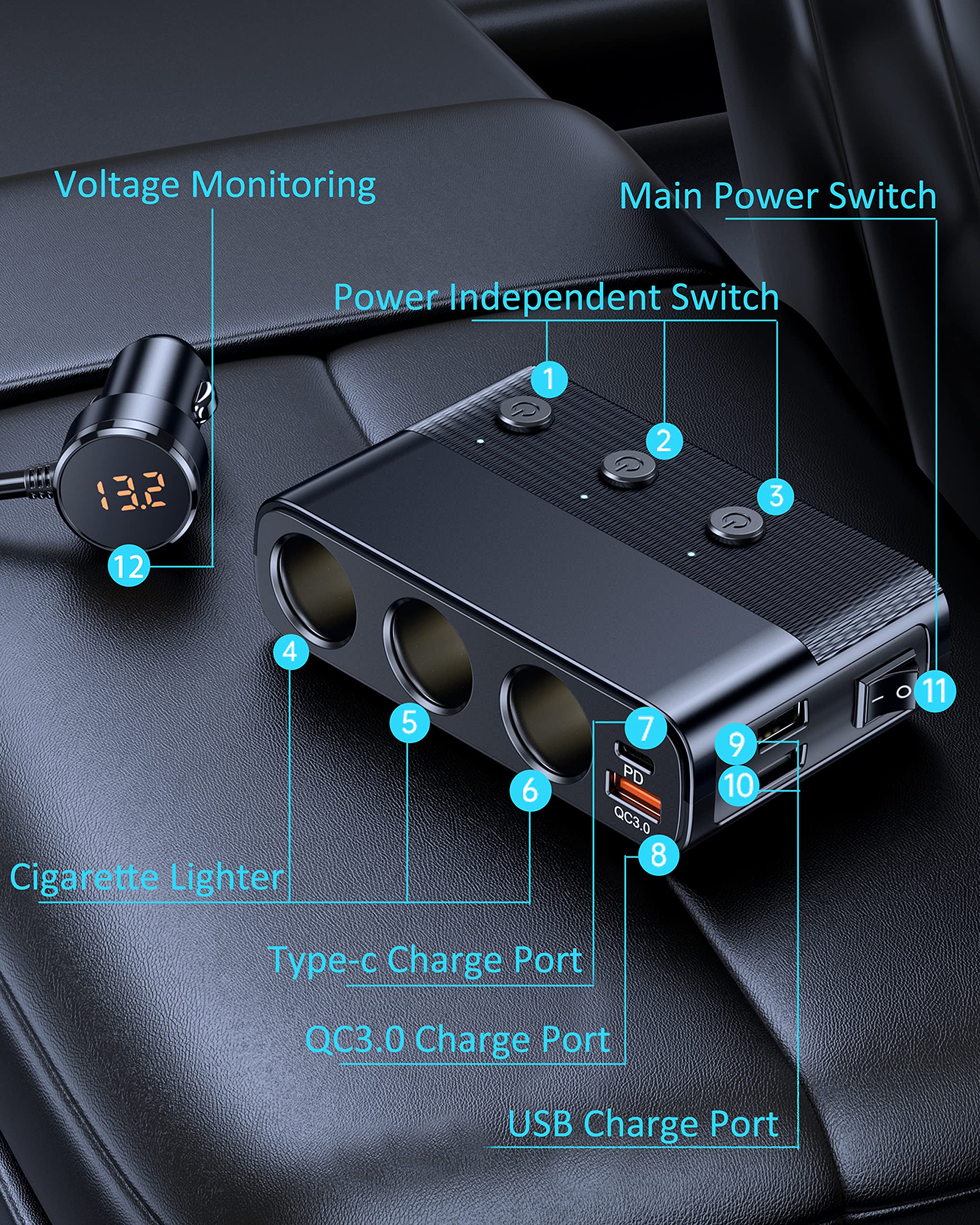 7 in 1 Cigarette Lighter Splitter, LIHAN 3 Socket Car Charger Adapter, Type-C QC3.0 PD 30W Charging, Dual USB Charging Ports, Independent Switches, LED Voltmeter, Plug Outlet 12V/24V(3.3ft Cable)
