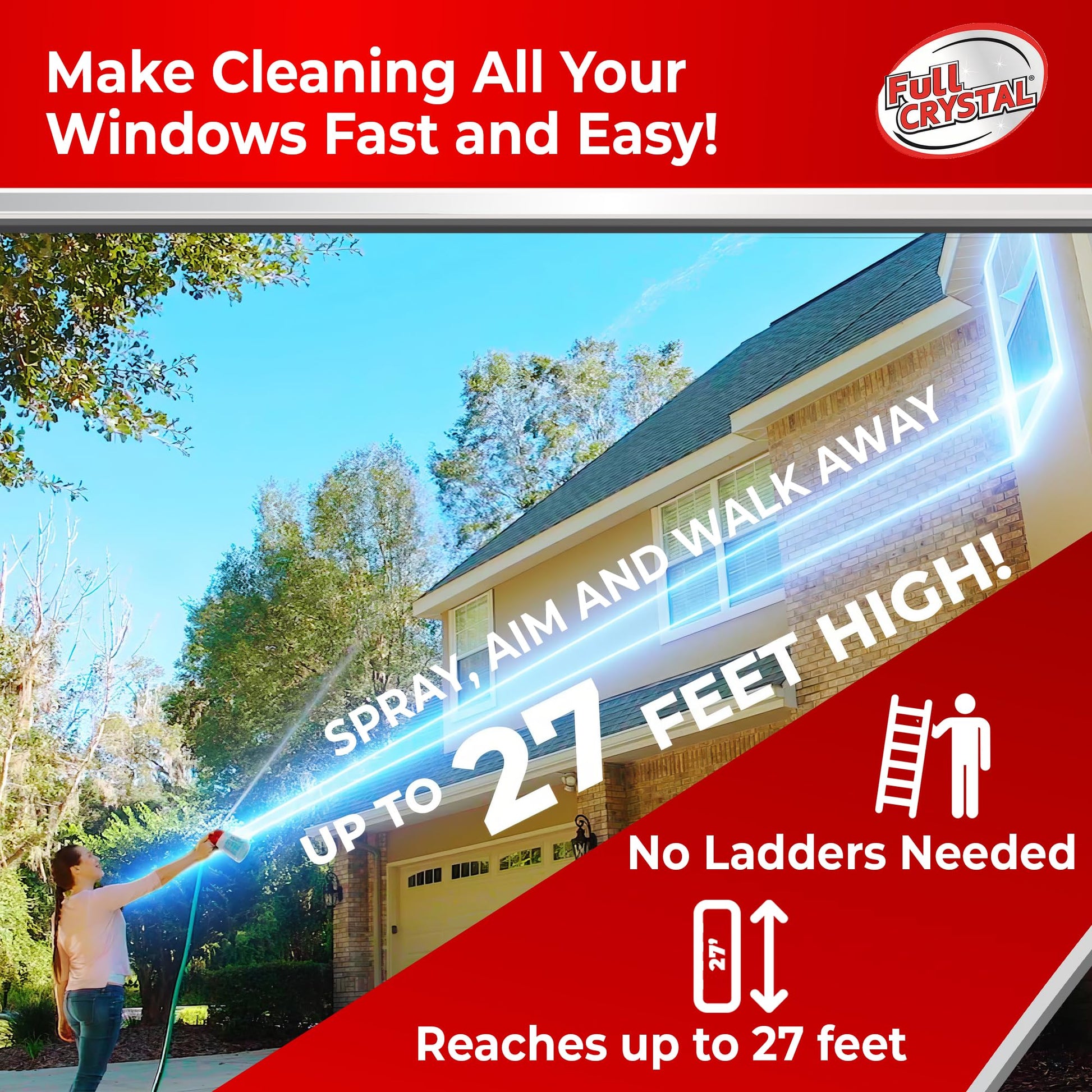 Full Crystal Window Cleaning Kit- 16 oz Glass Cleaner and Bottle with 27ft Reach will clean up to 80 Windows- Scrub Free, Rinse Free Glass Cleaner Spray Removes Dirt, Grime and Water Deposits
