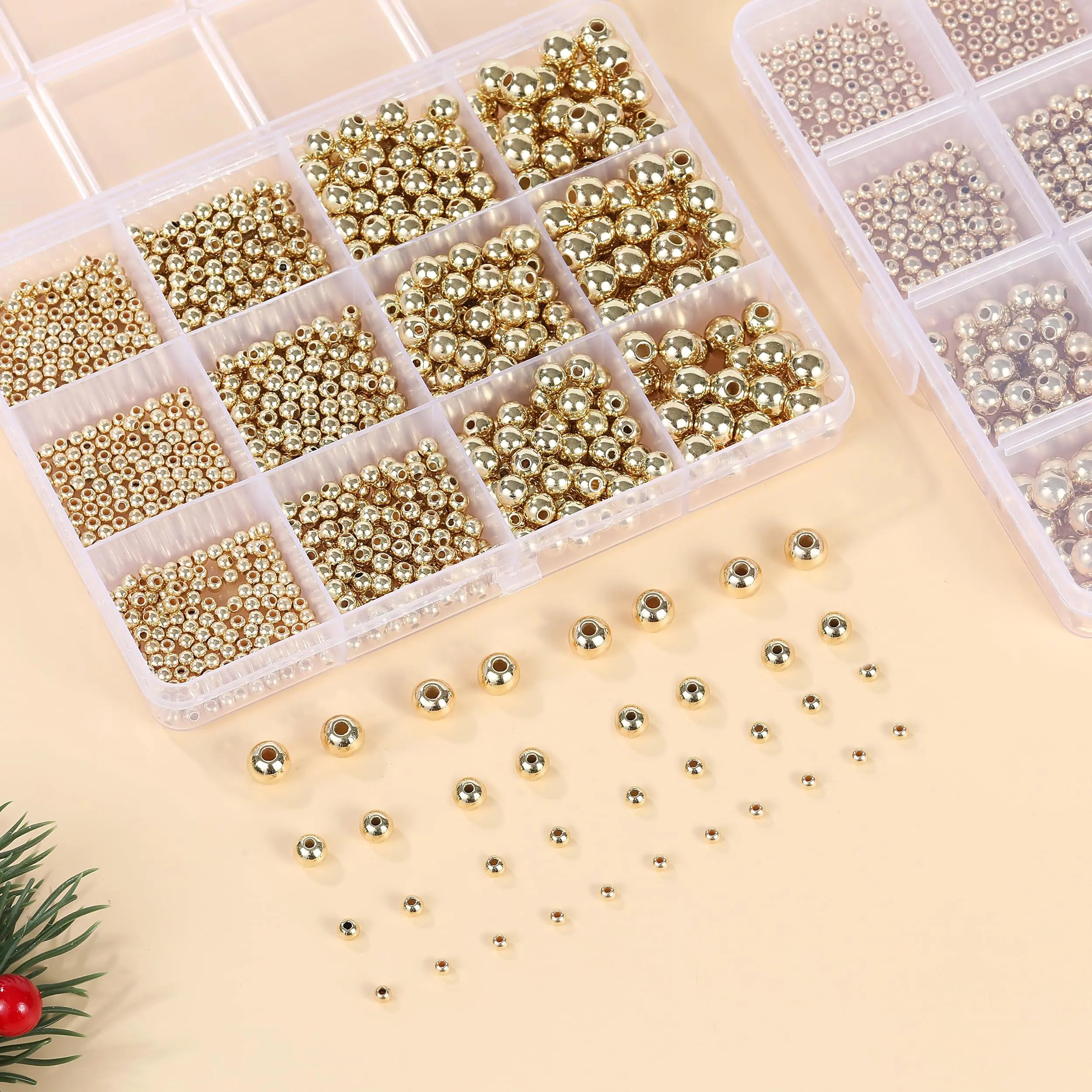1100 Pcs Gold Beads Smooth Round Beads 3/4/6/8mm Gold Spacer Loose Ball Bead Kits Gold Filled Beads for Bracelet Jewelry Making