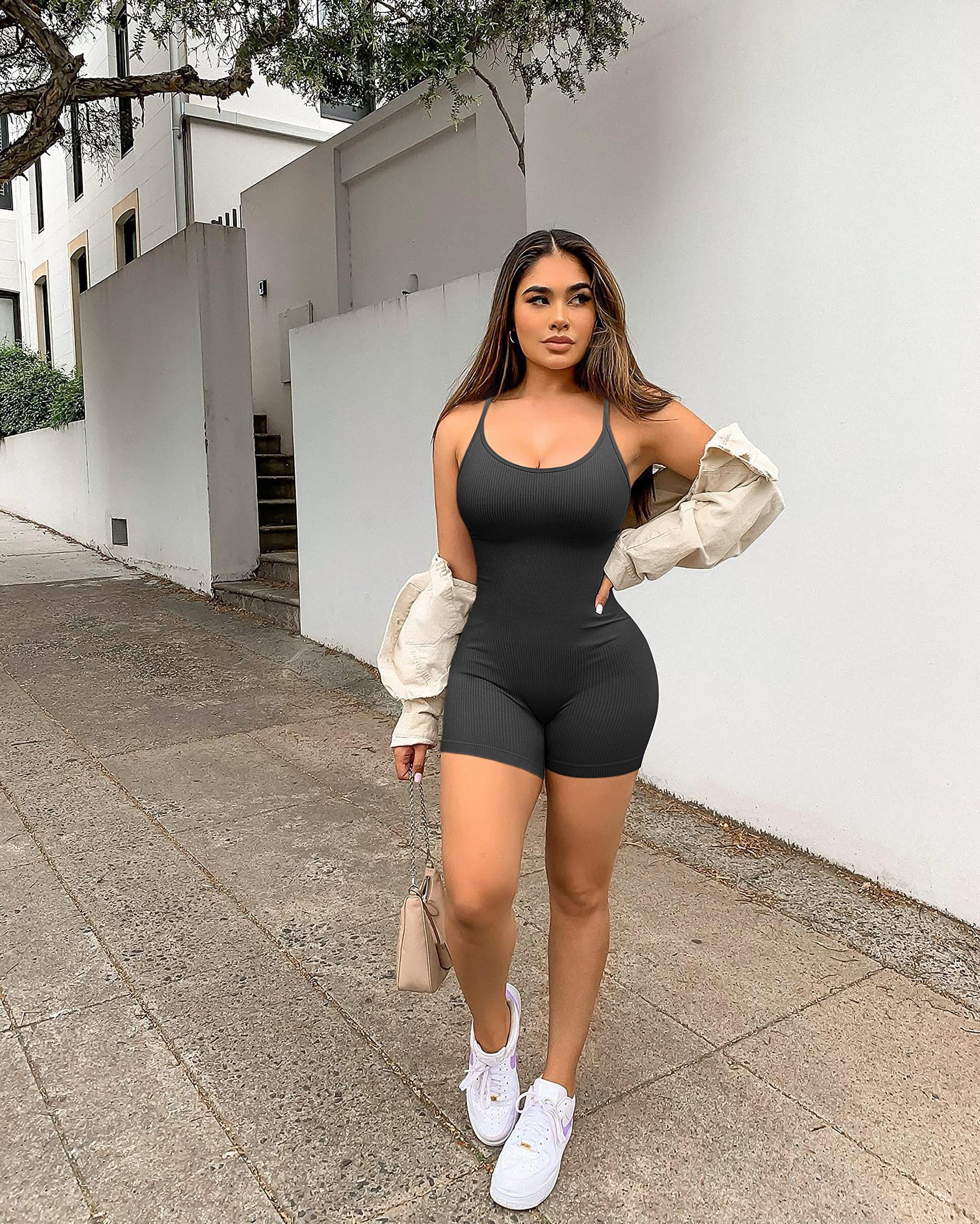 YIOIOIO Women Workout Seamless Jumpsuit Yoga Ribbed Bodycon One Piece Spaghetti Strap Shorts Romper