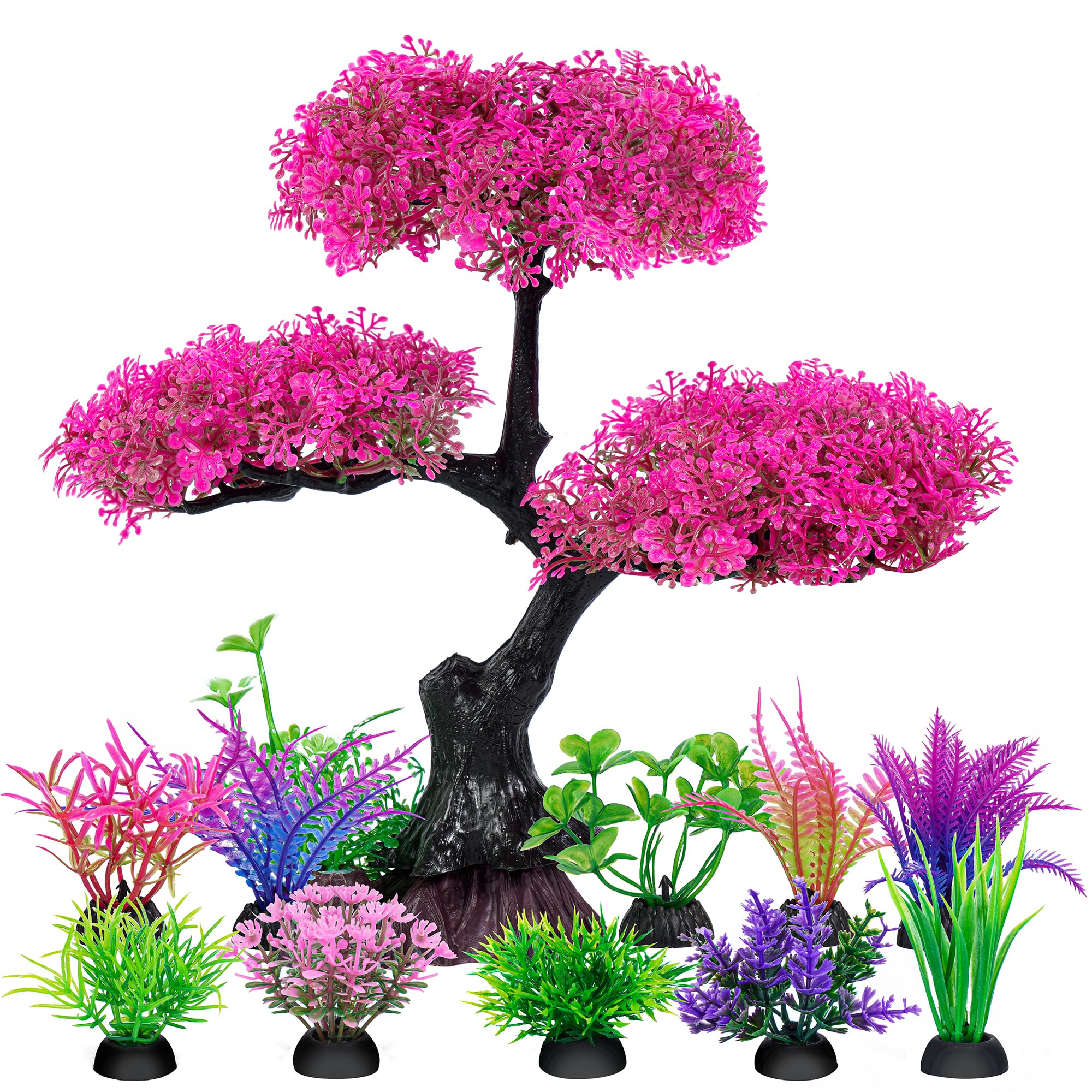 Ameliade Aquarium Artificial Plastic Plants Decoration, Pink Cherry Blossom Tree Aquarium Decor Set, Goldfish Betta Fish Tank Decorations Hides Accessories (وردي)