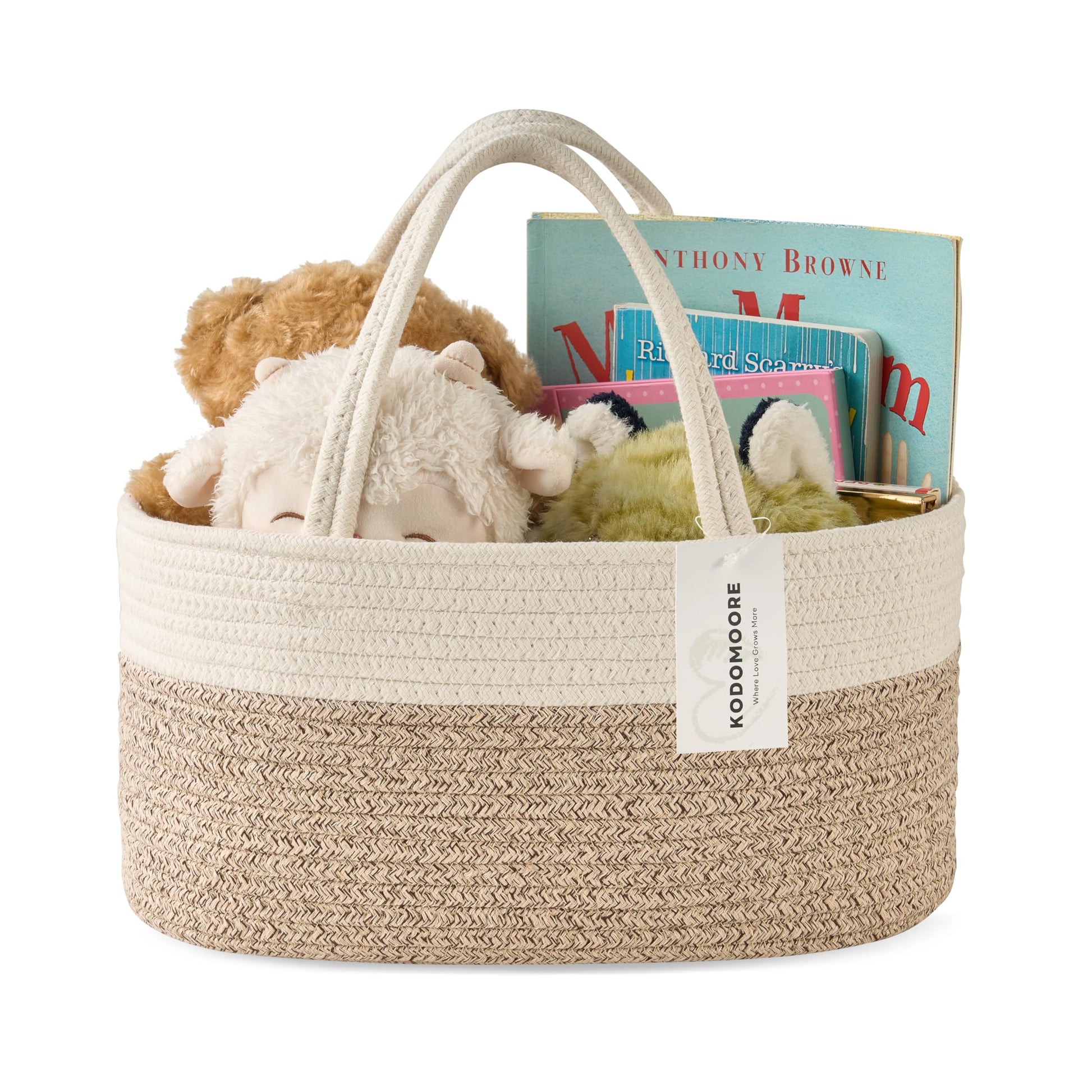 Kodomoore Diaper Caddy Organizer, Empty Gift Basket for Newborn Essentials, Baby Storage Basket, Stylish Gift Bag for Baby Shower, Boys and Girls – Small, White and Beige Brown