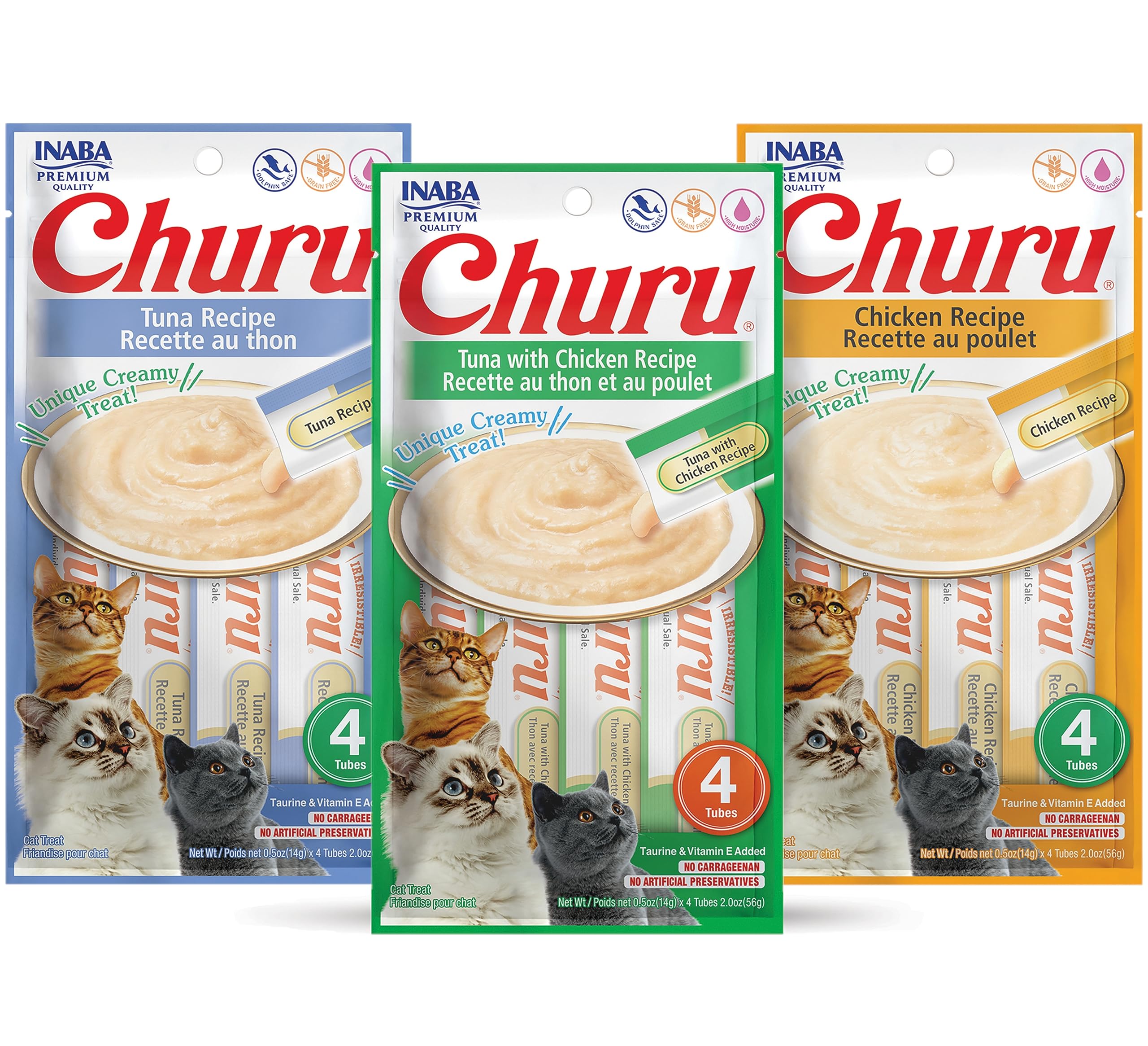 INABA Churu Lickable Puree Natural Cat Treats Tuna & Chicken 3 Flavor Assortment of 12 Tubes