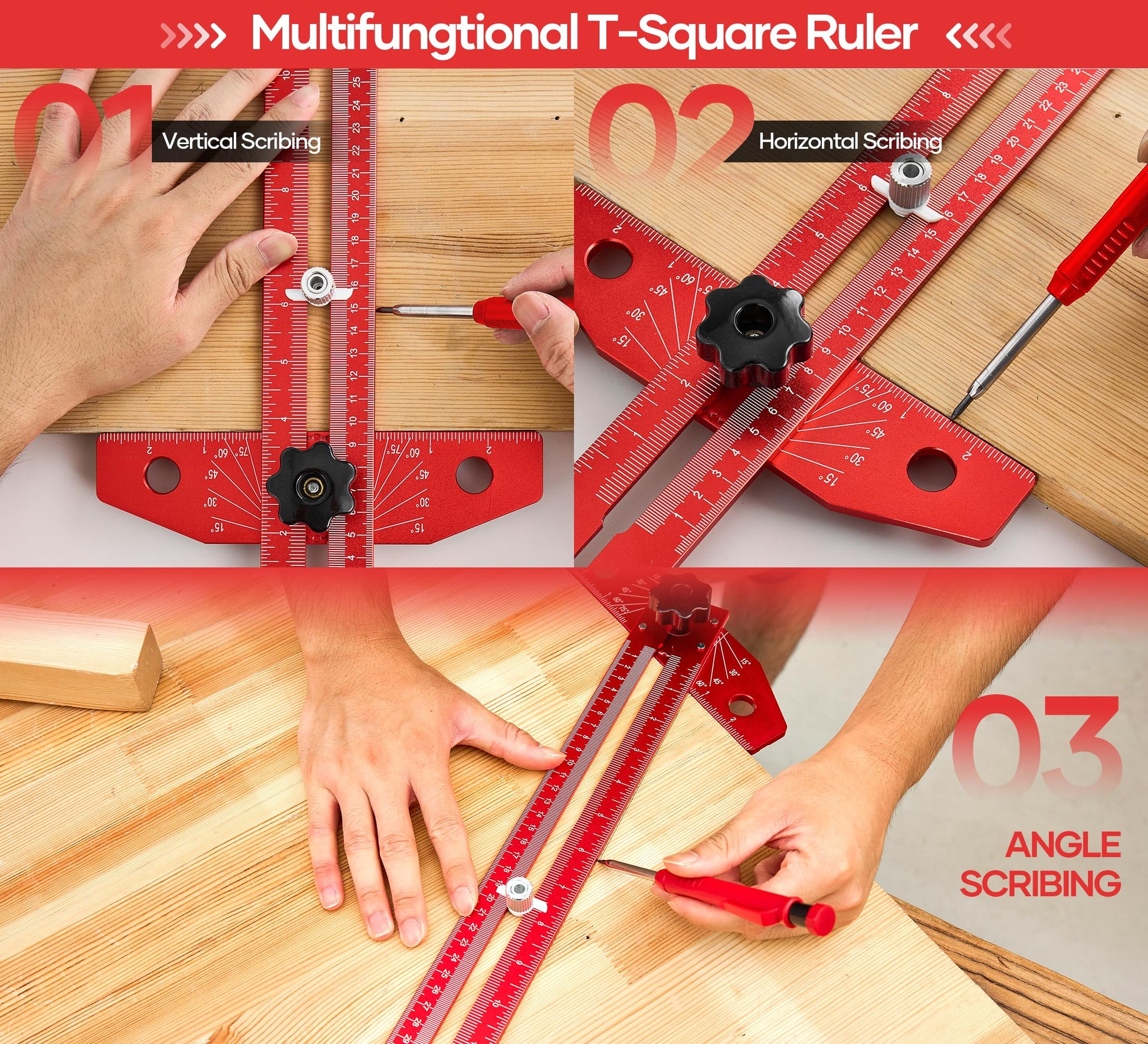 Saker Woodworking Scriber Marking Line Ruler, Adjustable Aluminum Alloy Sliding T-Square Ruler,Precision Line Drawing aid Ruler with Angle Adjustment Scale