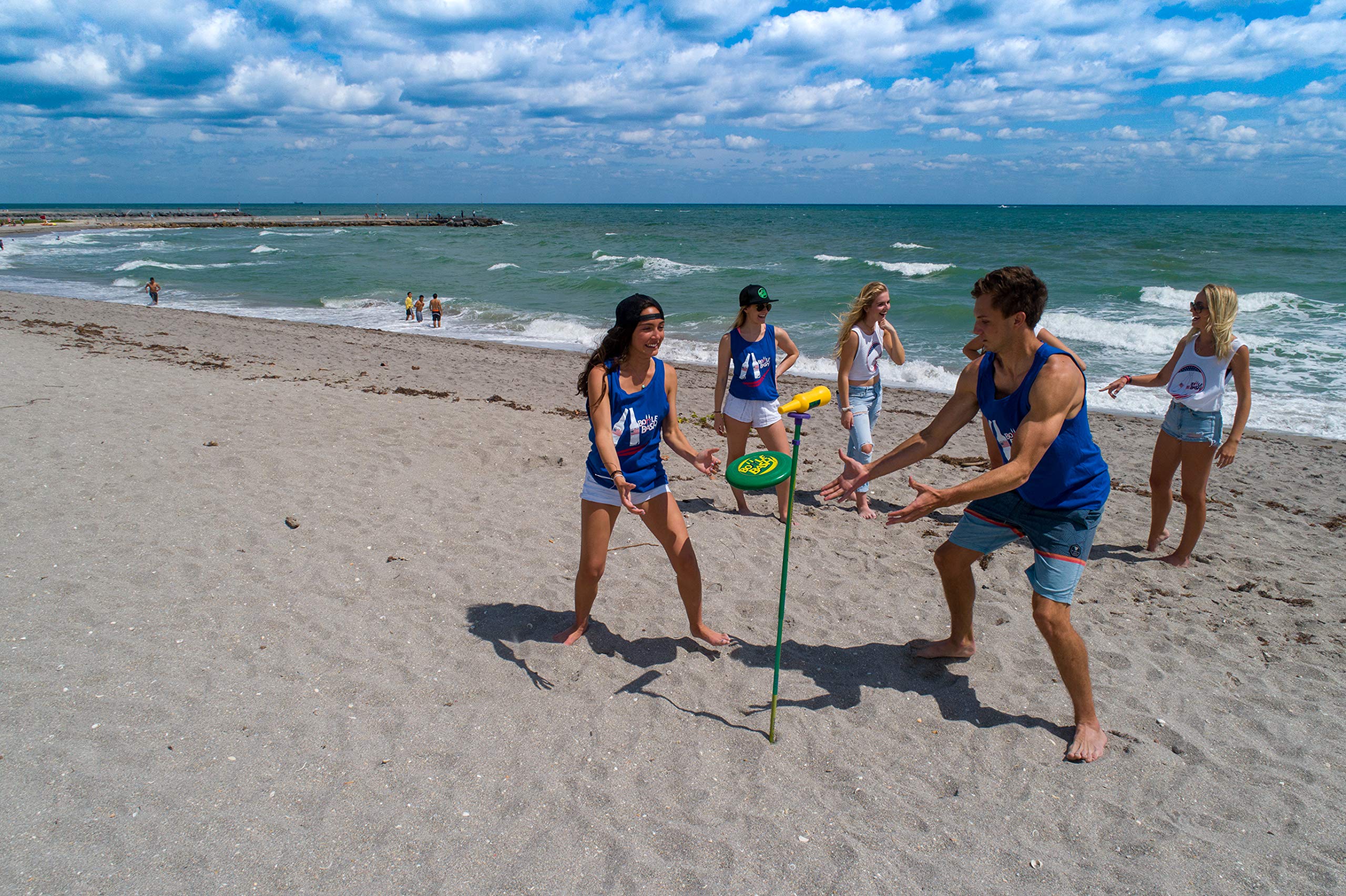 Bottle Bash Outdoor Flying Disc Game Set – Disc Toss Game for Family, Adult & Kids, Backyard and Beach Game - Frisbee Target Lawn Game with Poles & Bottles (Beersbee & Polish Horseshoes)