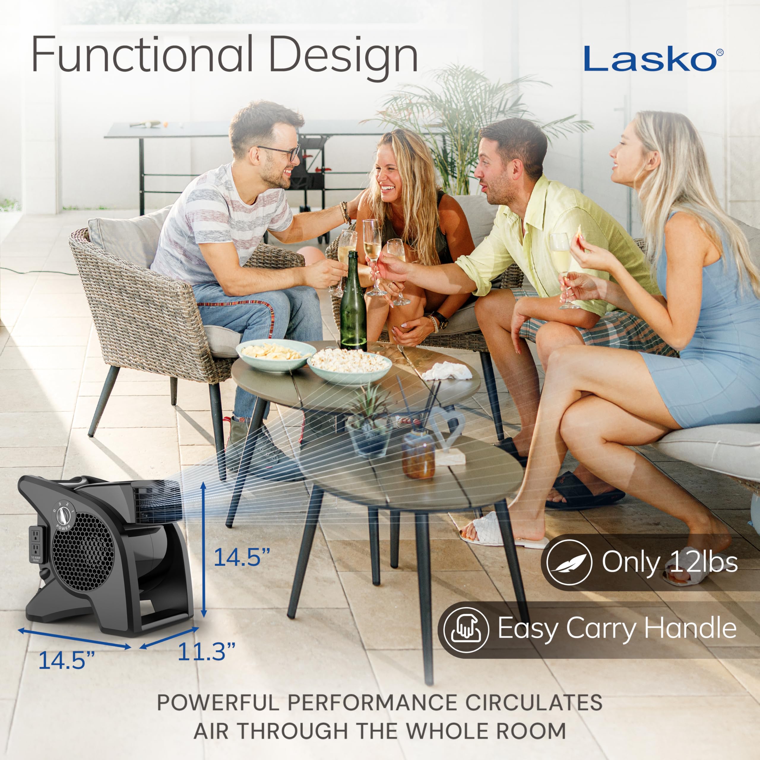 Lasko High Velocity Fan, 15", 375 CFM, Professional Utility Pivoting Blower Fan with 3 Speeds, 2 Accessory Outlets, 120V, Black, Model U15617